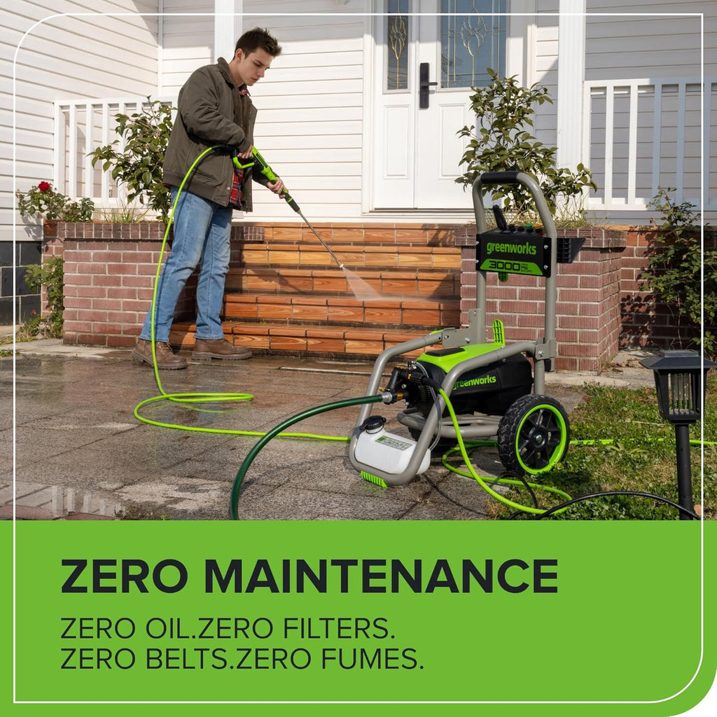 Greenworks Pro Brushless 3000 PSI (CSA Certified) 2.0 GPM Max / 1.1 GPM Electric Pressure Washer (Foldable Handles  Rugged Steel Frame  25 FT Hose  35 FT GFCI Power Cord)