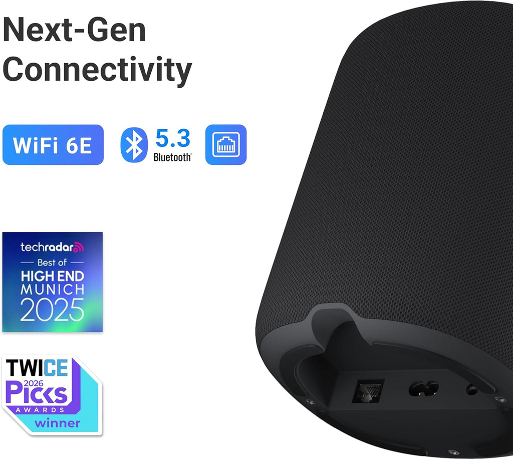 WiiM Sound Smart Speaker with 1.8″ Touch Display  Hi‑Res 24‑bit/192 kHz  AI RoomFit™ Room Correction  100W Peak  Wi‑Fi 6E/Bluetooth 5.3  Multi‑Room & Stereo Pairing  Remote Included  Black