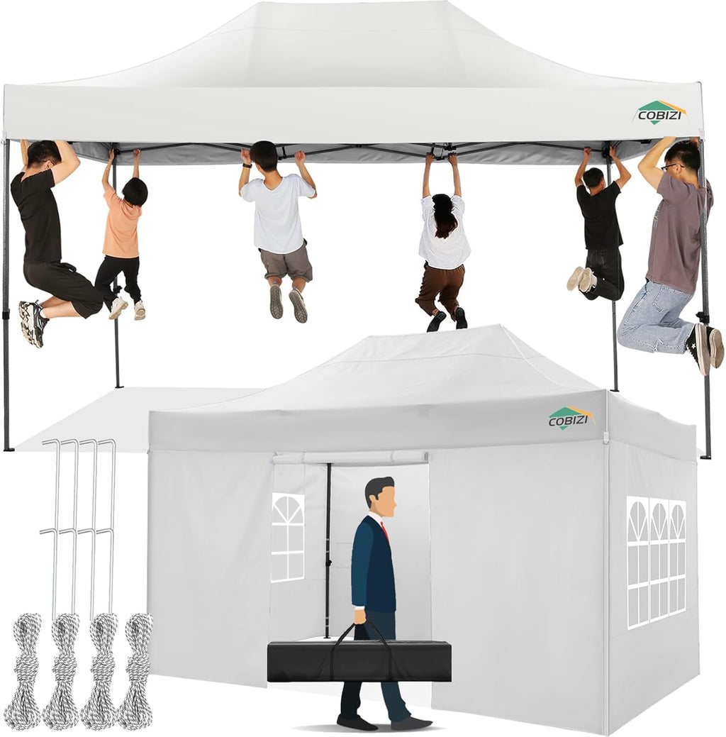 COBIZI 10x15 Pop up Canopy Tent 10x15 Canopy with 4 Sidewalls Waterproof Heavy Duty Commercial Canopy for Parties Outdoor Garden Gazebo Tent  Carry Bag(10x15ft  White)