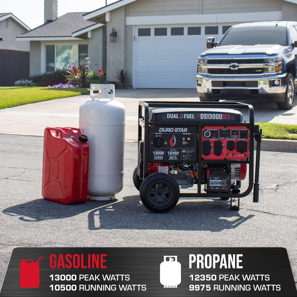 DuroStar DS13000MX 13 000-Watt 500cc Dual Fuel Portable Generator - Gas and Propane  Remote Electric Start  Whole Home Power Backup  Transfer Switch Ready  RV & Emergency Ready