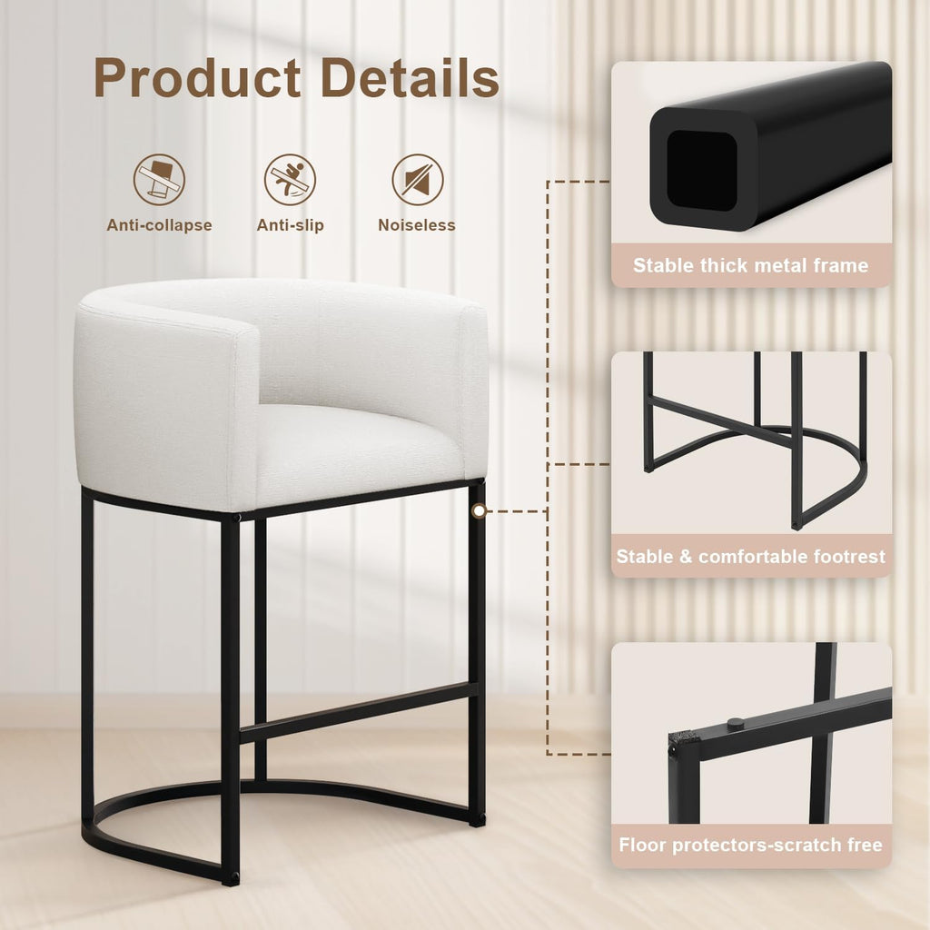 26" H Counter Height Bar Stools Set of 3, Modern Barrel Counter Stools with Backrest and Arms, Linen Fabric Upholstered Accent Barstools for Kitchen Island,Support 450 LBS (White)