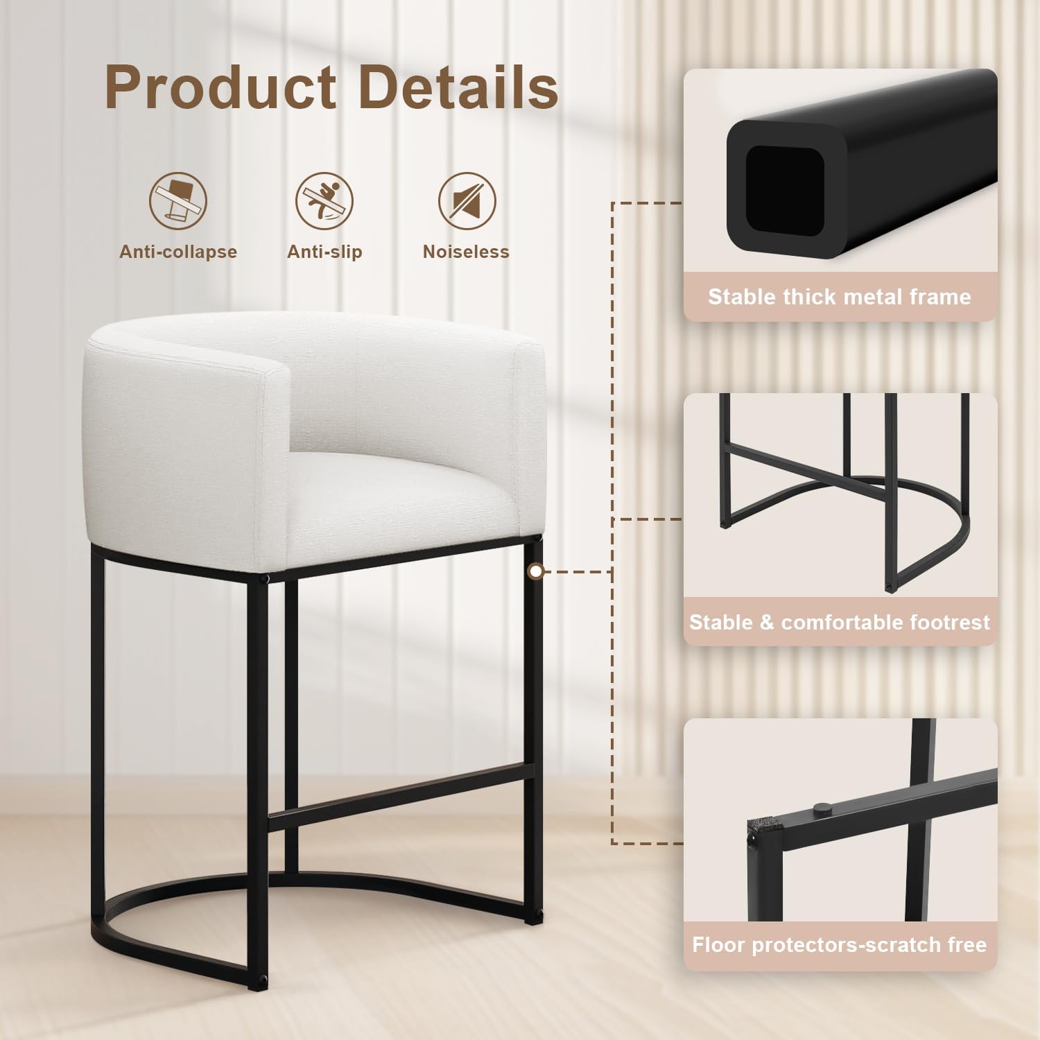 26" H Counter Height Bar Stools Set of 3, Modern Barrel Counter Stools with Backrest and Arms, Linen Fabric Upholstered Accent Barstools for Kitchen Island,Support 450 LBS (White)