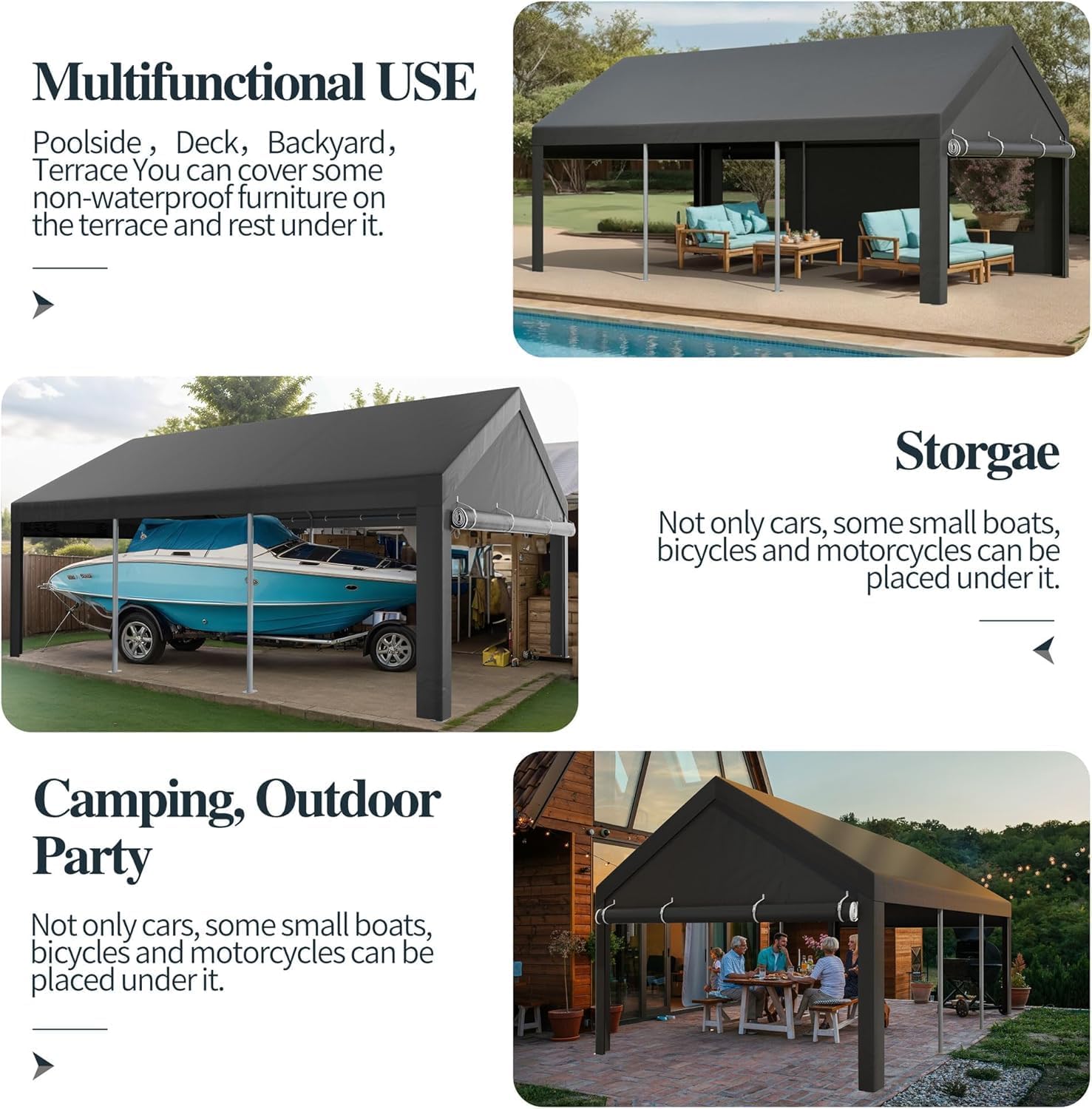 Shintenchi 12x20 FT Heavy-Duty Design Carport Portable Garage Canopy Carport Canopy with Side-Opening Removable Door & Roll-Up Window Portable Car Port for Car  Truck  Boat Grey