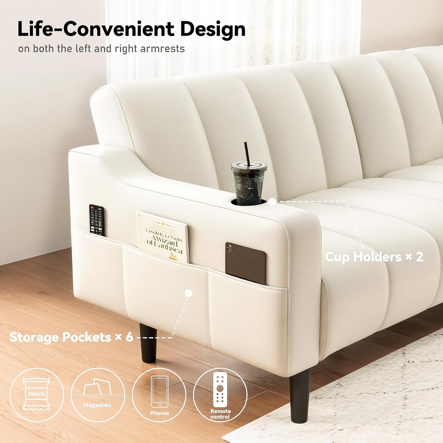 Brelice 80'' Leather Couch, Futon Sofa Bed, Faux Leather Couch with Adjustable Backrest, 2 Cup Holders & Side Pockets, Mid Century Modern Sofa for Living Room, Bedroom, Cream White