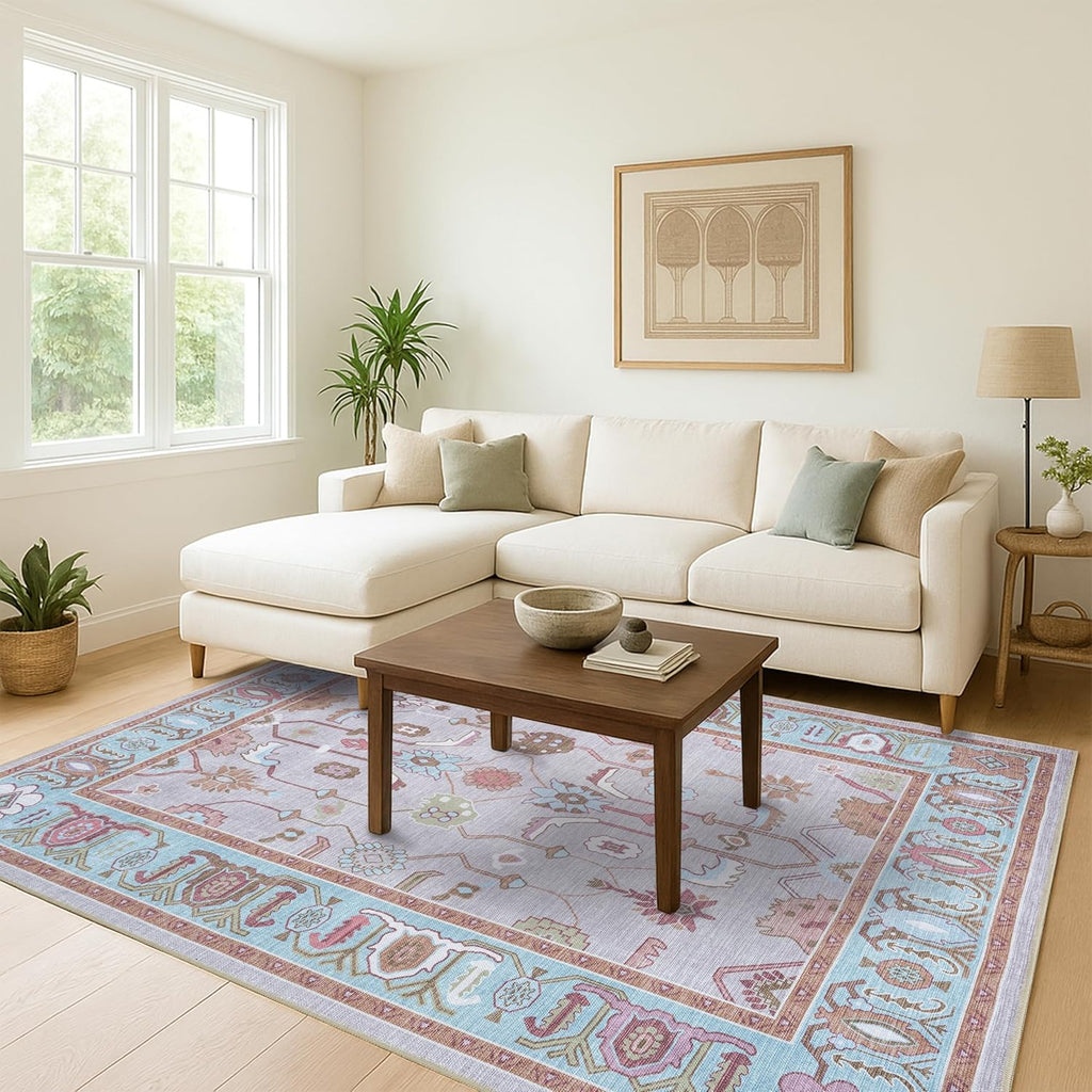 Fame Living Pink Oushak Rug, Modern, Vintage, Turkish, Eclectic, Floral, Pastel, Washable, Area Rugs for Living Room, Dining, Bedroom, Nursery, Girls, Boys, 5'9"x8'9"