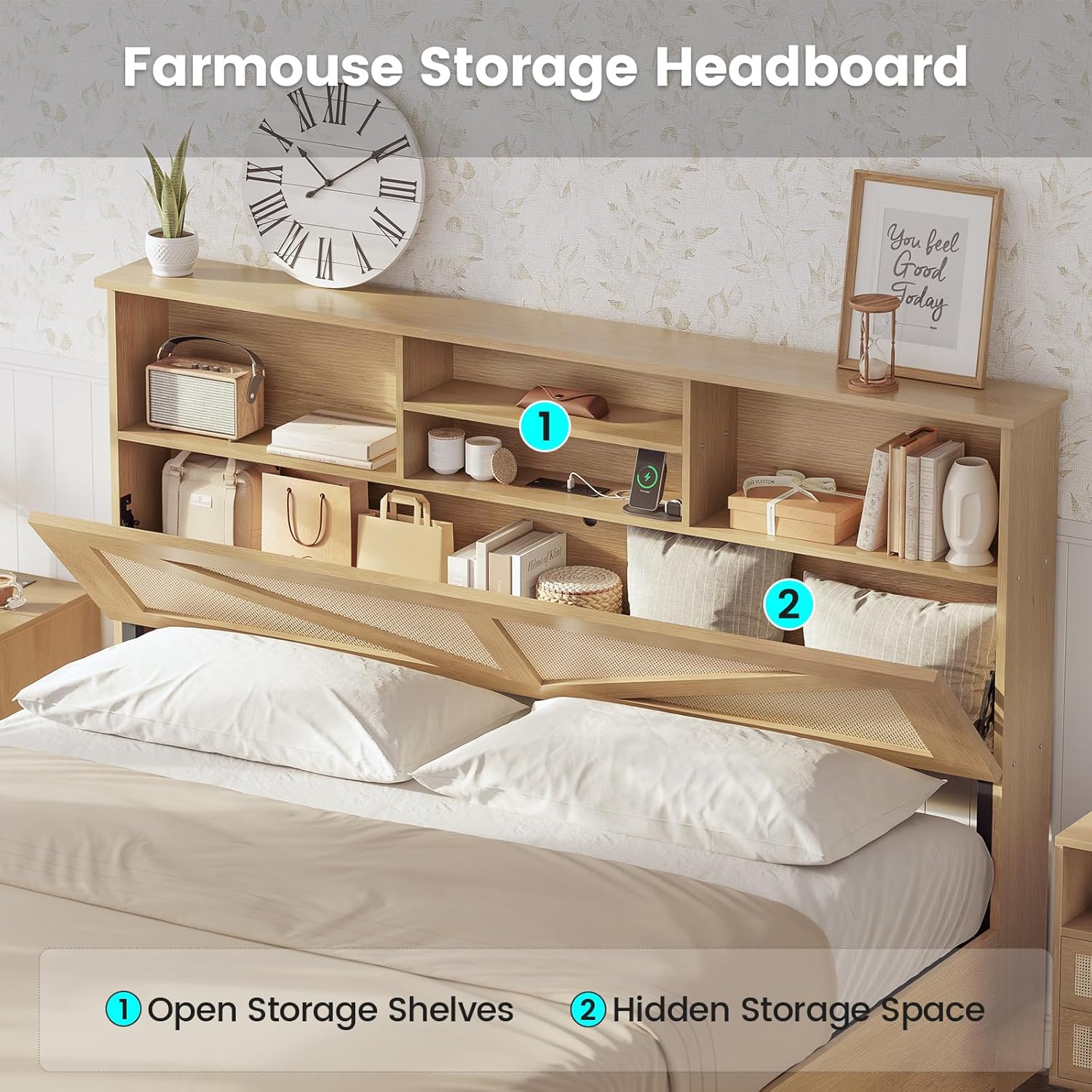 AOGLLATI Full Size Bed Frame with 4 Storage Drawers and Natural Rattan 2-Tier Bookcase Hidden Headboard, Boho Led Bed Frame Full Size with Charging Station, No Box Spring Needed, Wood