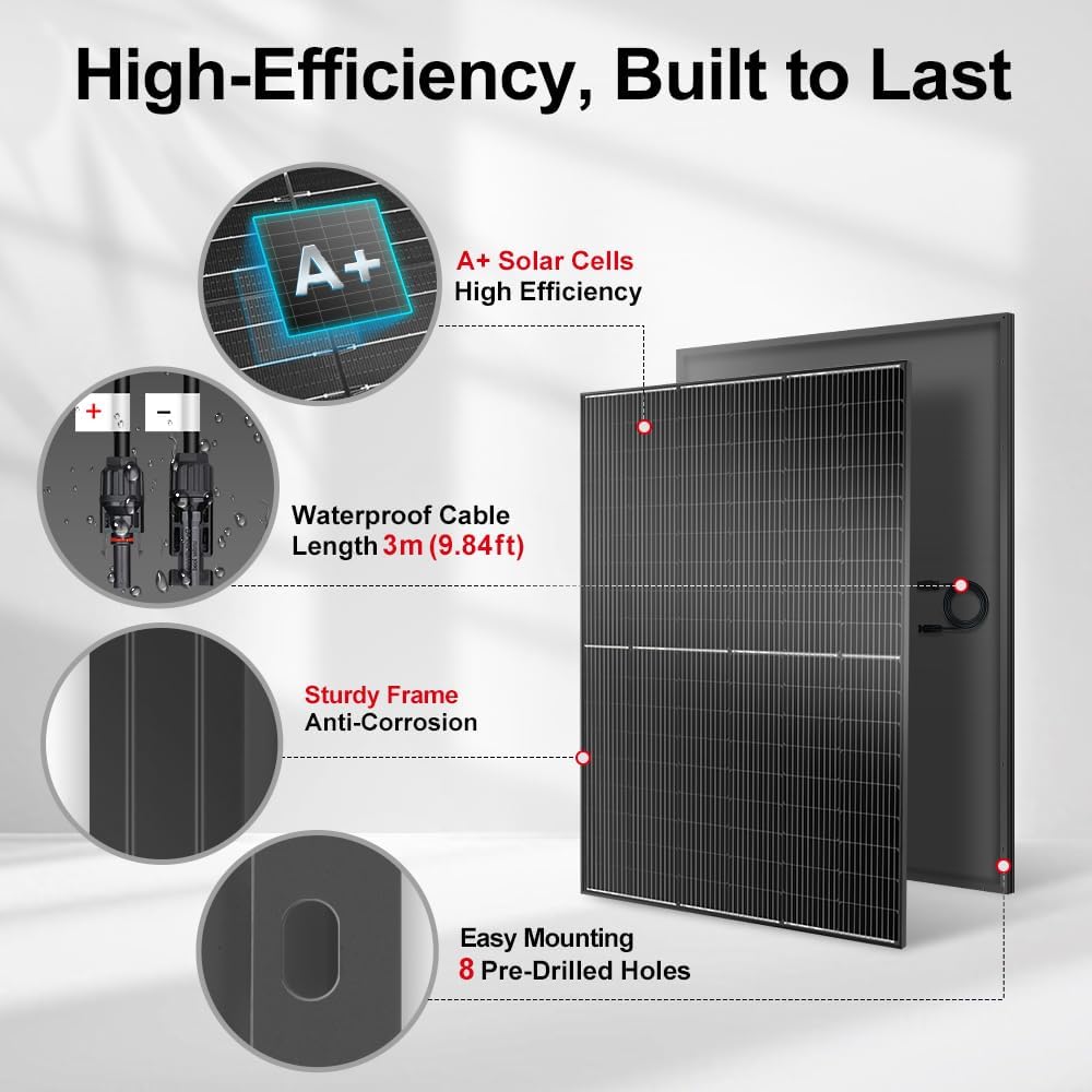 DOKIO 400W 31V Mono Solar Panel - Works for 12V/24V Systems  Equipped with 9.84ft MC4 Wiring  Perfect for Gardens  Courtyards  Greenhouses  Sheds  Terraces & Off-Grid Battery Charging