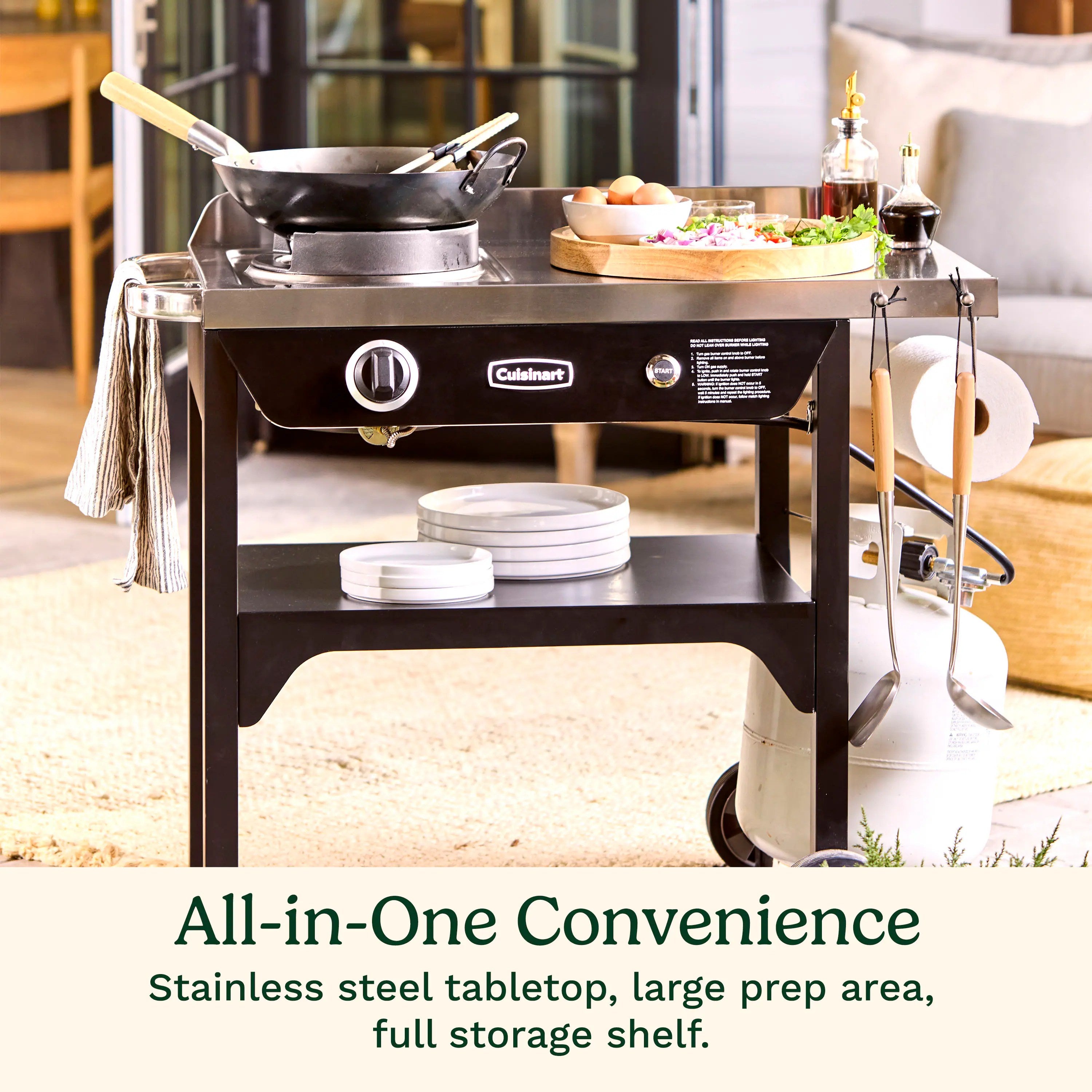 Cuisinart Outdoor Wok Station, 50,000 BTU Propane Outdoor Wok Burner w Prep Table, 14锟芥锟斤拷 Carbon Steel Wok for Stir Fry, Searing, BBQ 锟斤拷 Black