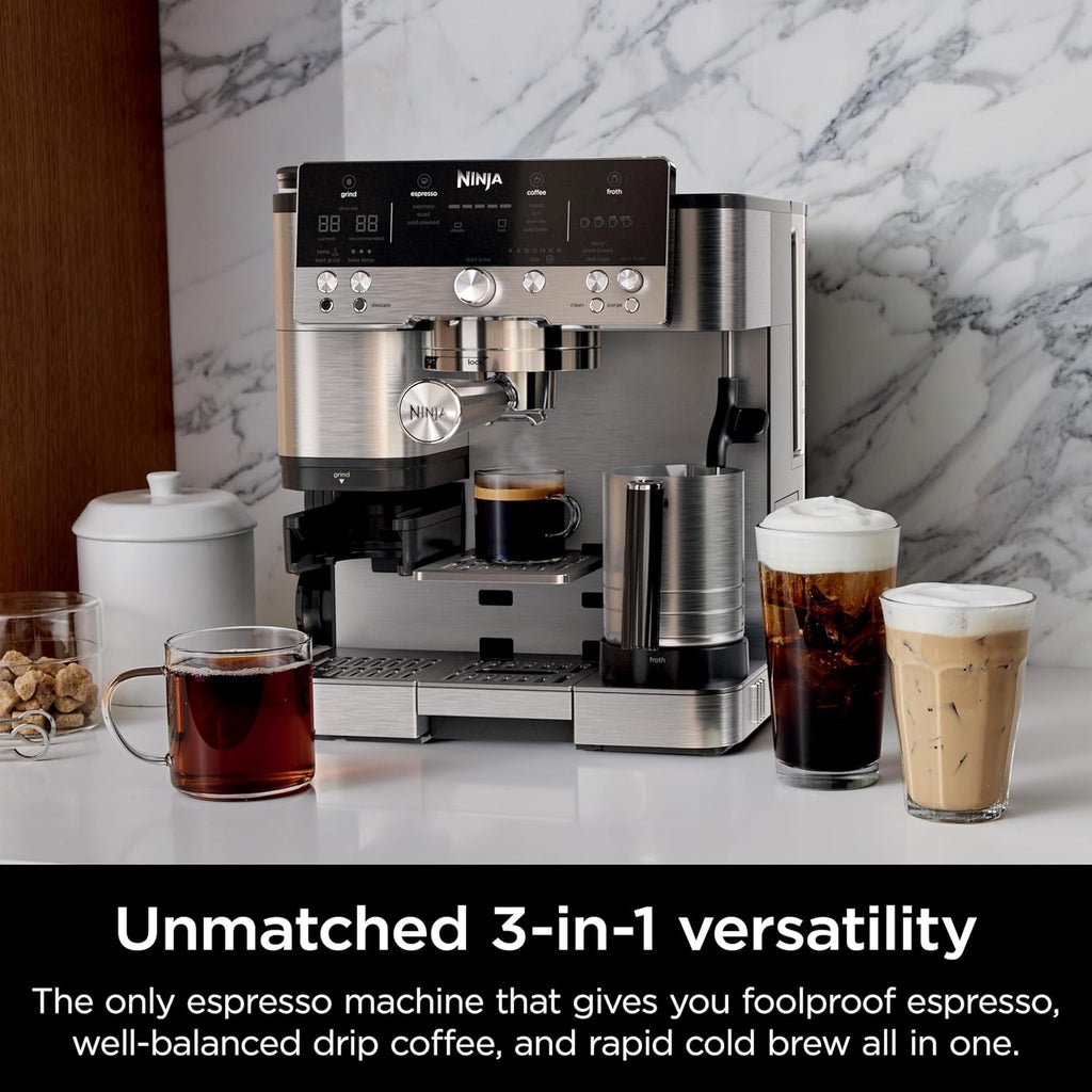 Ninja R-ES601 Luxe Café Premier Series Espresso Machine, Drip Coffee, Cold Brew, Grinder, Tamper, Frother, Silver (Renewed)