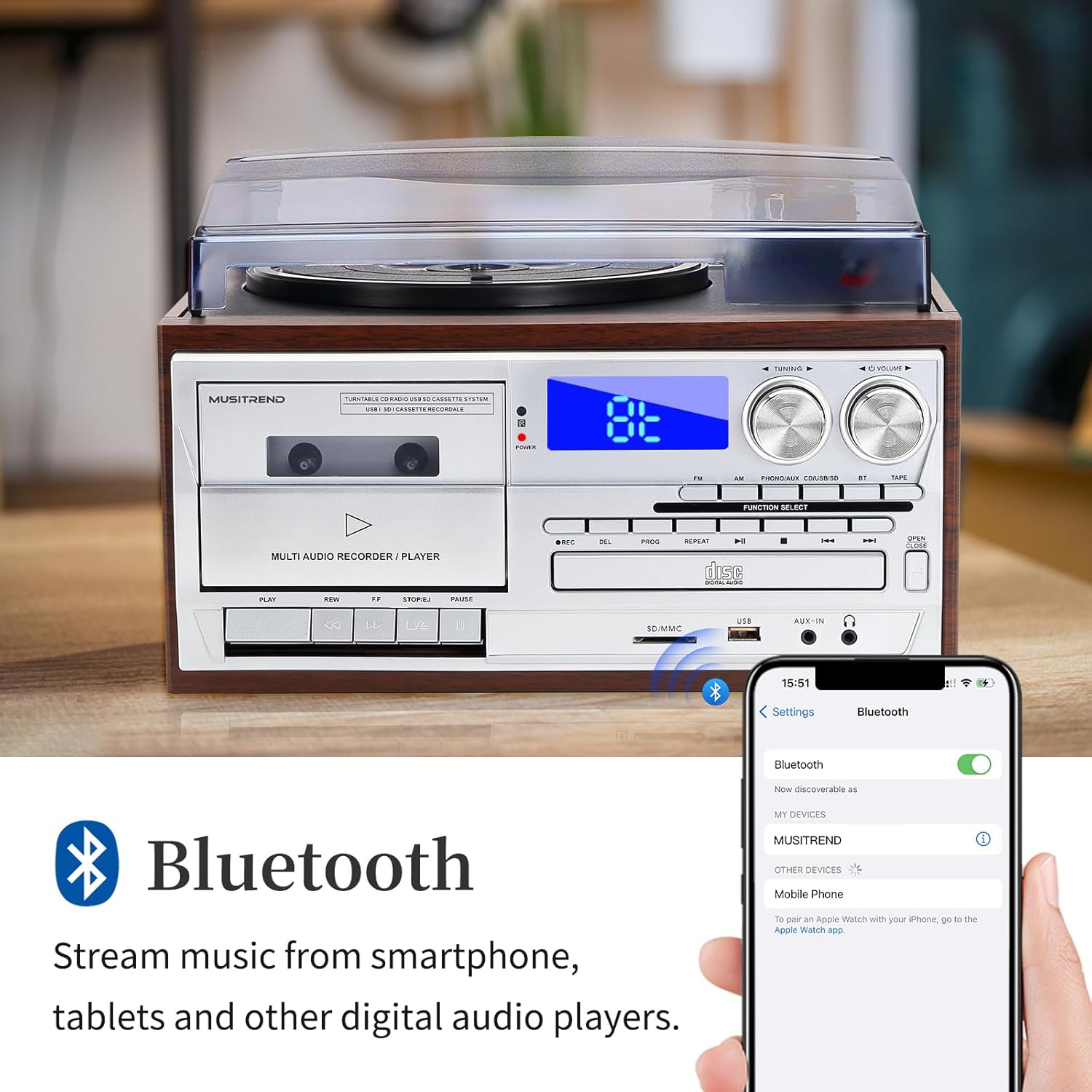 Record Player 9 in 1 3 Speed Bluetooth Vintage Turntable CD Cassette Vinyl Player AM/FM Radio USB/SD Playback Aux-in RCA Line-Out (Silver)