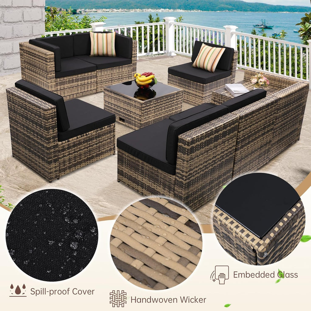8-Piece Patio Furniture Set  Outdoor Wicker Rattan Sectional with Thick Cushions  Glass Top Table with Hidden Storage  Outdoor Conversation Set for Backyard  Porch  Patio  Black