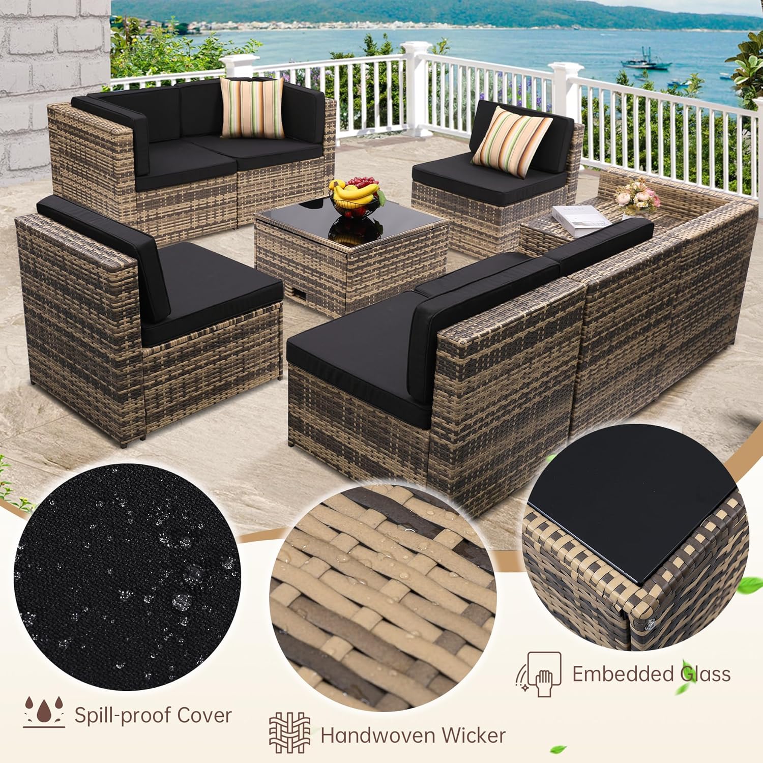 8-Piece Patio Furniture Set  Outdoor Wicker Rattan Sectional with Thick Cushions  Glass Top Table with Hidden Storage  Outdoor Conversation Set for Backyard  Porch  Patio  Black