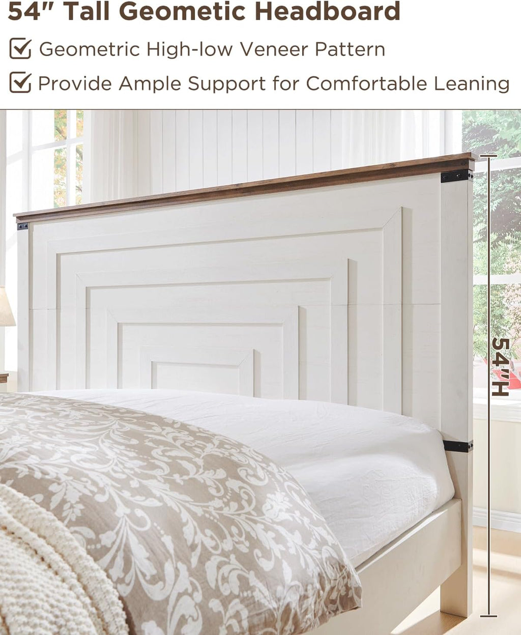 T4TREAM Farmhouse Queen Size Bed Frame with 54" Tall Geometric Headboard & 2 Large Storage Drawers, Rustic Wood Platform Bed with Wood Slats Support, No Box Spring Needed, Antique White