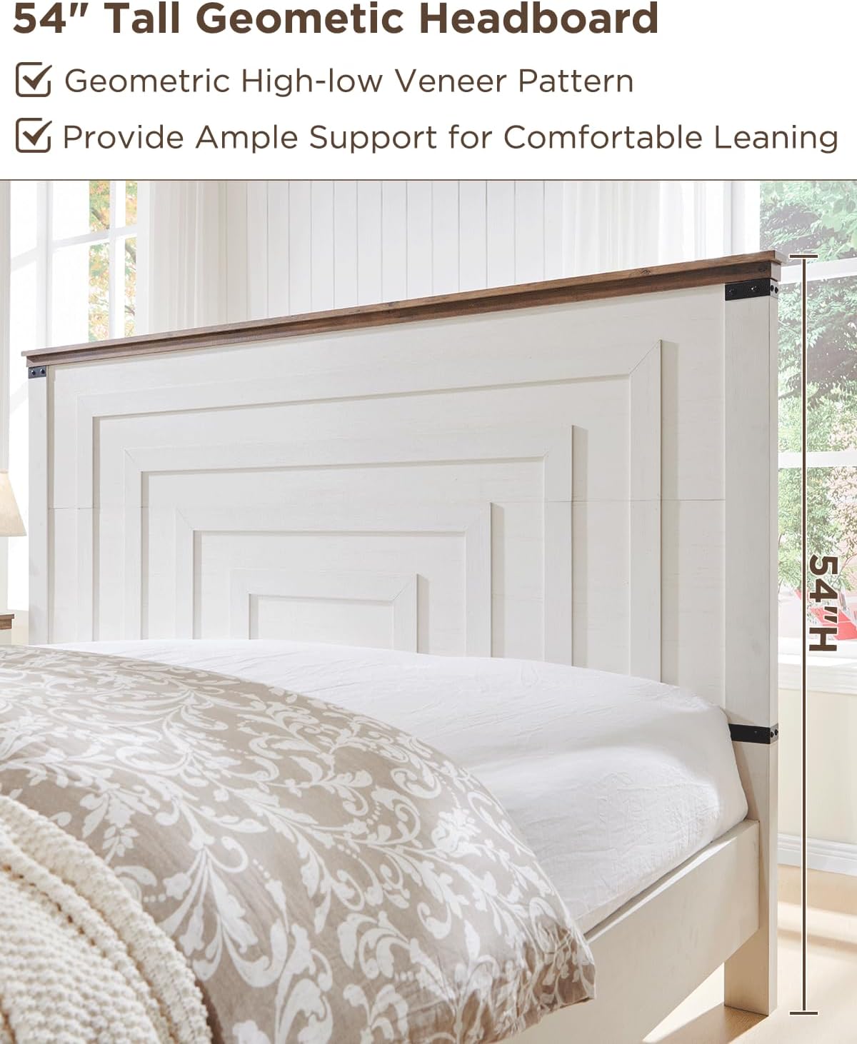 T4TREAM Farmhouse Queen Size Bed Frame with 54" Tall Geometric Headboard & 2 Large Storage Drawers, Rustic Wood Platform Bed with Wood Slats Support, No Box Spring Needed, Antique White