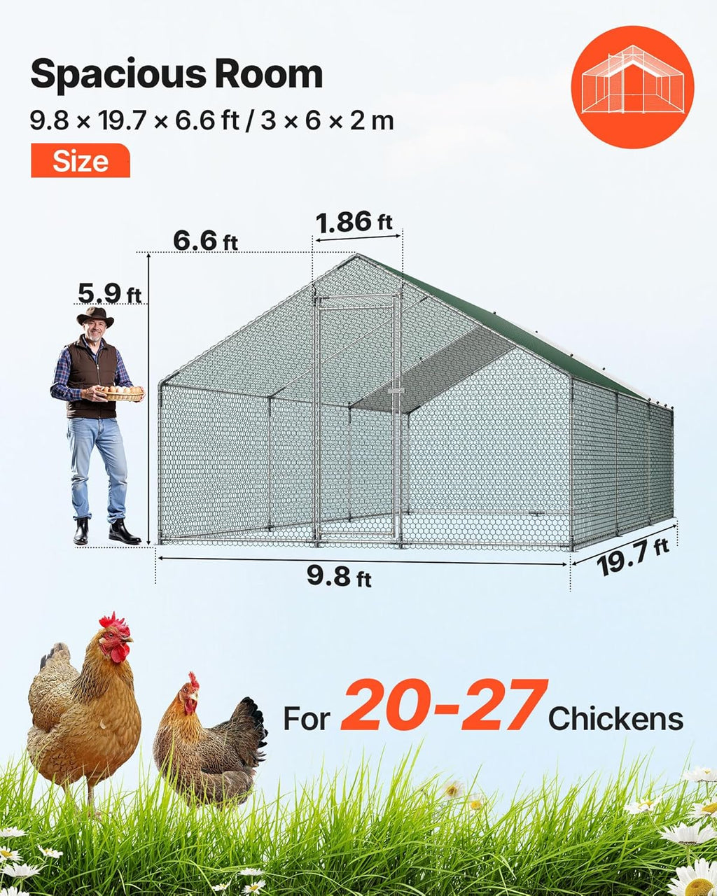 VEVOR Large Metal Chicken Coop  19.7x9.8x6.5ft Walk-in Chicken Runs for Yard with Cover  Spire Roof Hen House with Security Lock for Outdoor and Backyard  Farm  Duck Rabbit Cage Poultry Pen