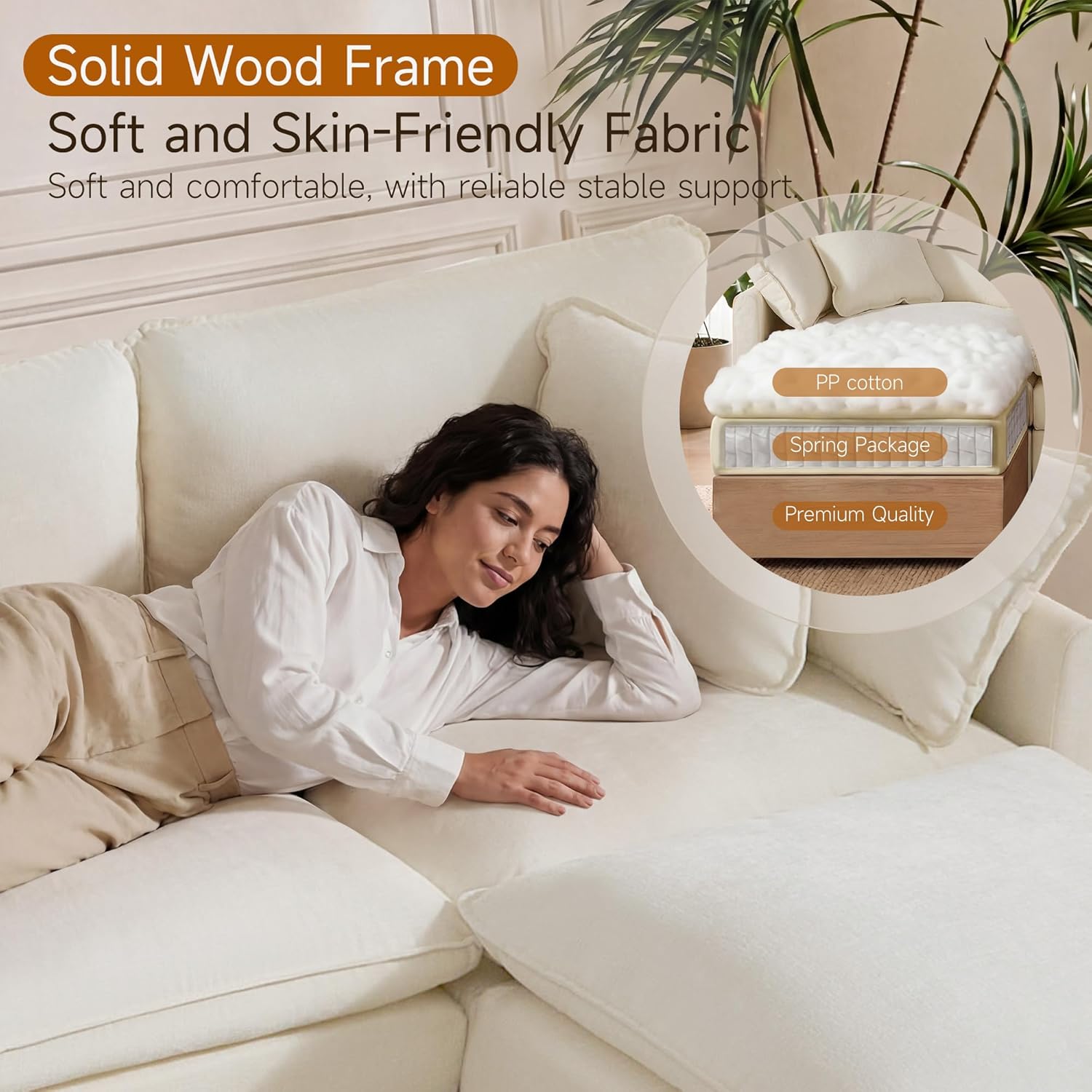 Modular Sofa with Storage, 135" U Shape Sectional Cloud Couch, Comfy Fabric Couch with Movable Ottoman, 6 Seat Modern Deep Seat Sofa for Living Room (Beige Chenille)