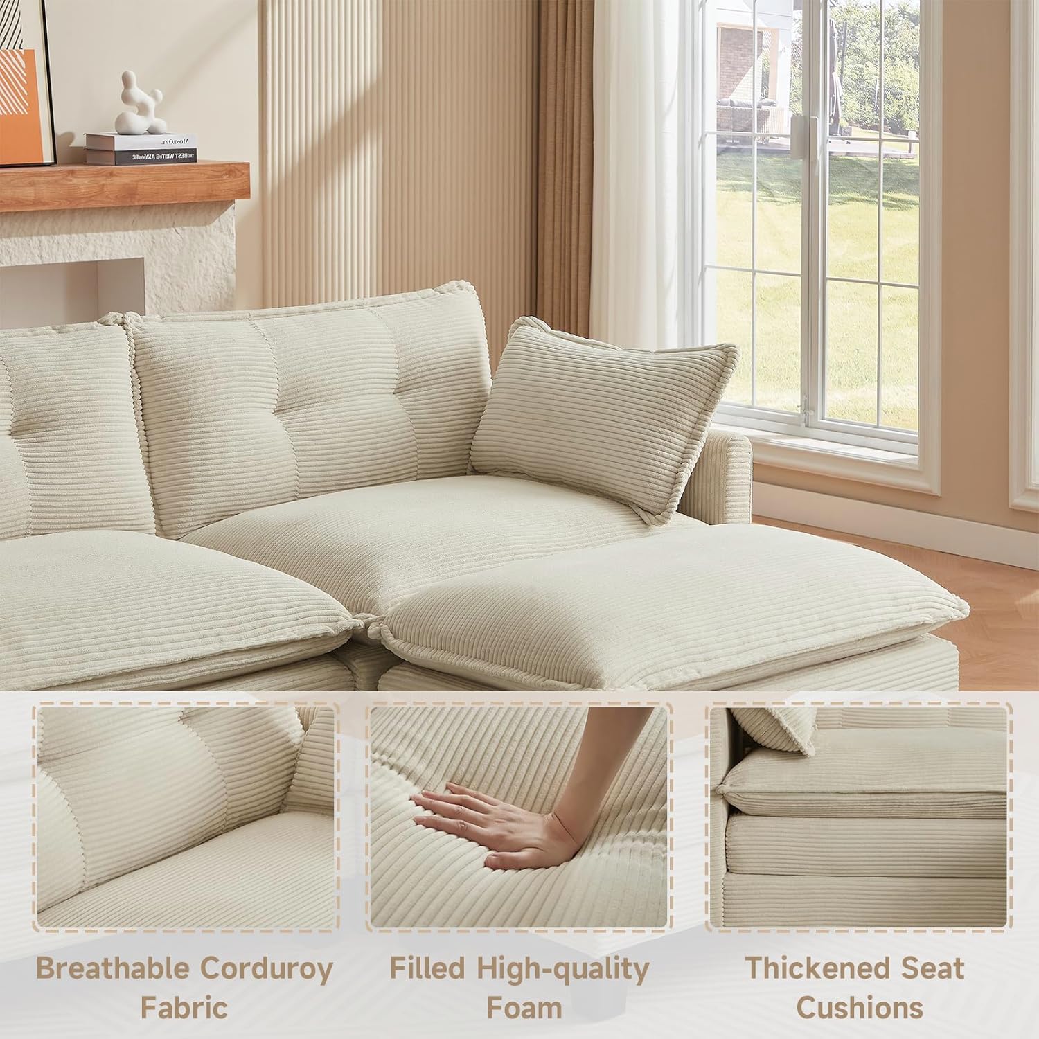 Modular Sectional Sofa, 111.5" U-Shaped Corduroy Comfy Sectional Couches for Living Room, 3-Seater Cloud Couches with 2 Movable Ottomans, Flexible Combination Modern Deep Seat Sofa (Beige)