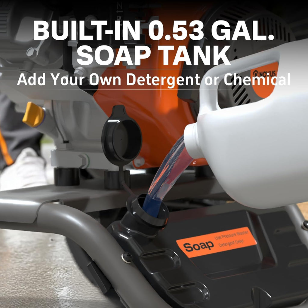 NOVUS Gas Pressure Washer 3400 PSI  2.6 GPM Power Washer with 30FT Extra-Long Hose  5 Nozzles  Onboard Soap Tank  212CC Engine  Spray Gun and Wand  for Vehicles Driveways Patios Fences Furniture