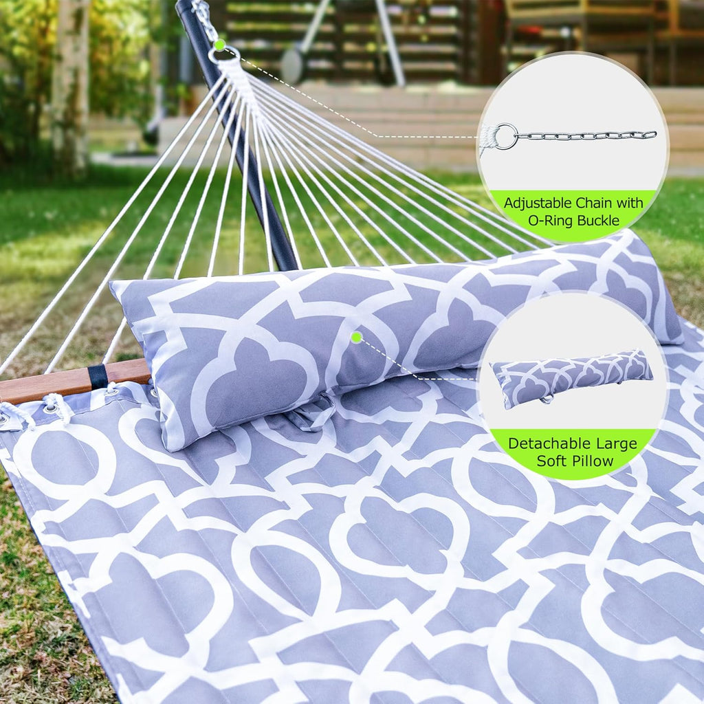 Double Hammock with Stand for Outdoor  Heavy Duty Portable Hammock with Adjustable Steel Stand for Patio  Garden  Beach  Backyard - Includes Carrying Bag White Grey