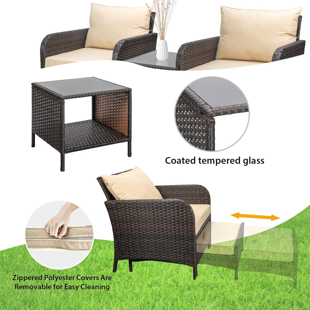 LEVELEVE Balcony Furniture 5 Piece Patio Conversation Set  PE Wicker Rattan Outdoor Lounge Chairs with Soft Cushions 2 Ottoman&Glass Table for Porch  Lawn-Brown Wicker
