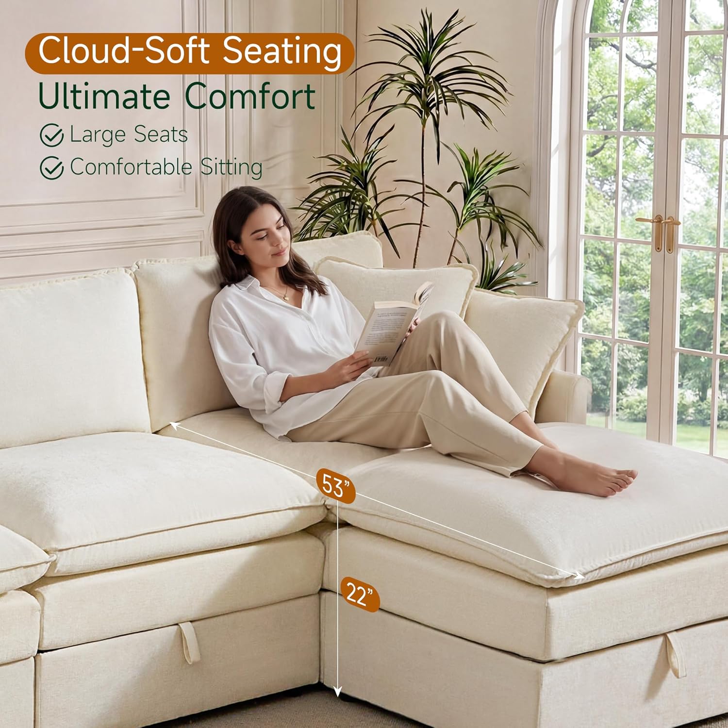 Modular Sofa with Storage, 103" L Shape Sectional Cloud Couch, Comfy Fabric Couch with Movable Ottoman, 4 Seat Modern Deep Seat Sofa for Living Room (Beige Chenille)