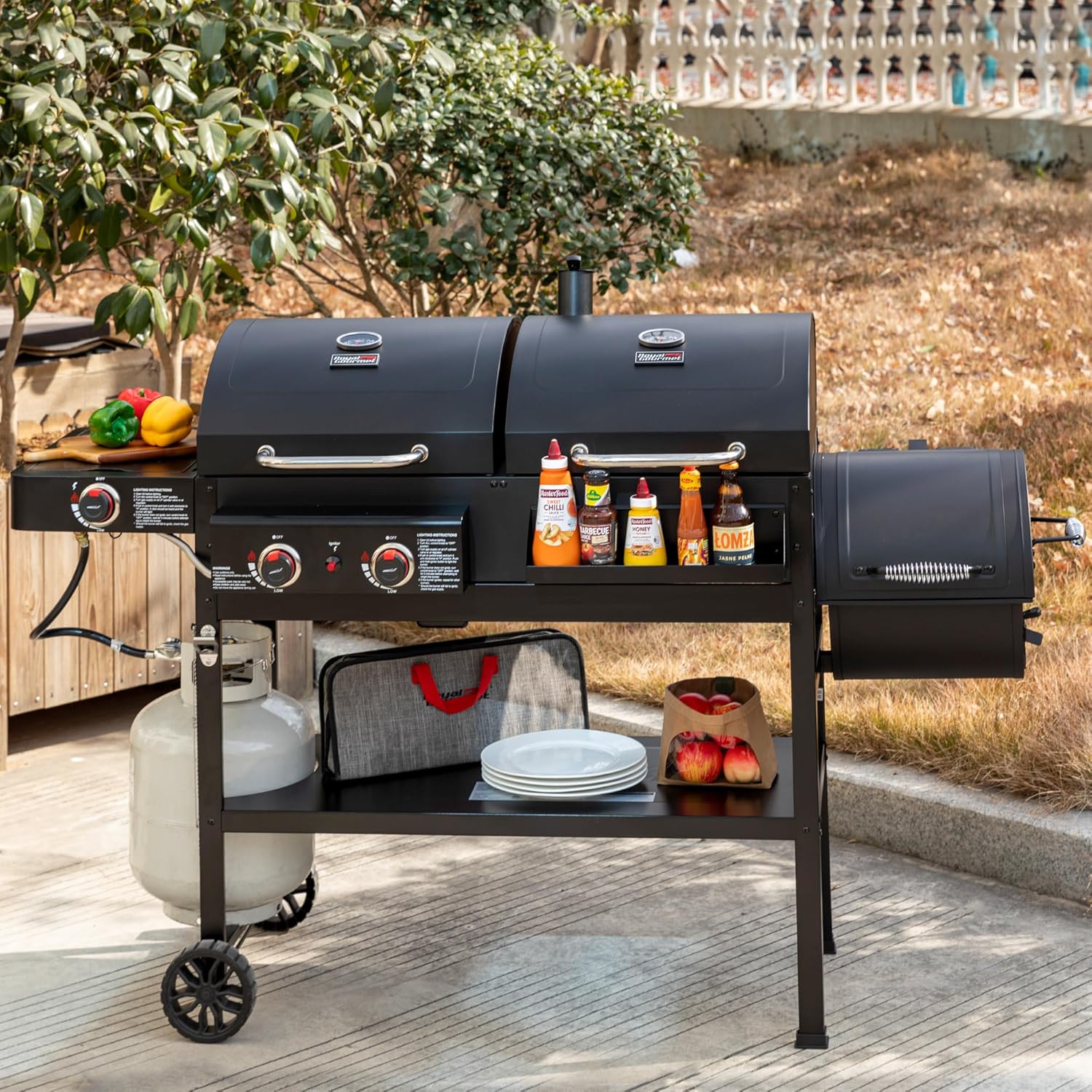 2-Burner Gas and Charcoal Grill Combo with Offset Smoker & Side Burner  34 000 BTU Dual Fuel Grill  1020 Sq. In. Cooking Area  Ideal for Outdoor Cooking  Black  ZH3005Y-SC