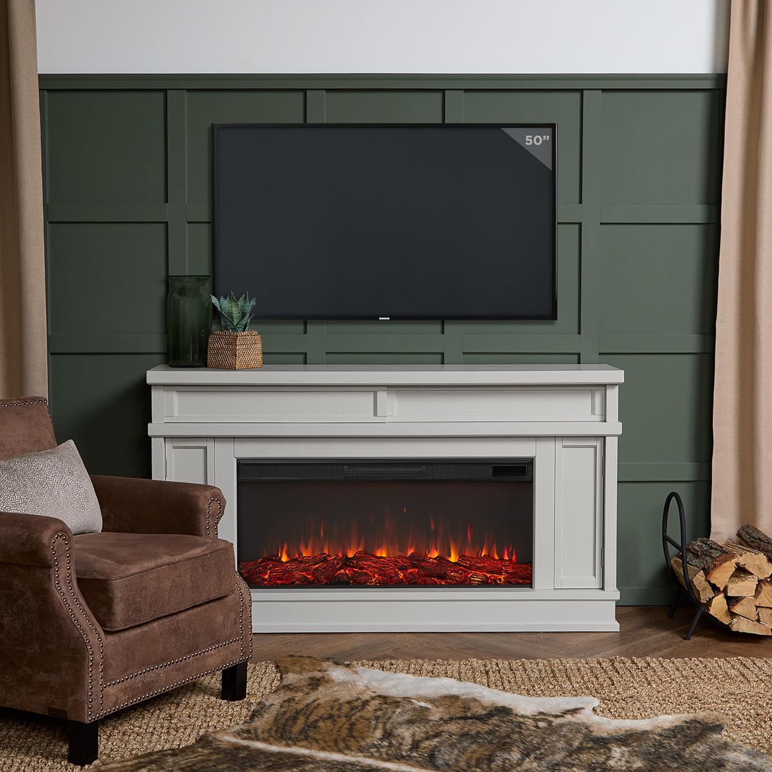Real Flame Torrey 60” Electric Fireplace TV Stand for TVs up to 60 inches, Entertainment Center with Adjustable Shelves and Hidden Storage, TV Stand for Living Room and Bedroom, Bone White