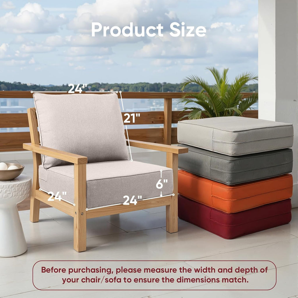 Outdoor Chair Cushions Set of 3  Waterproof 24x24 Patio Chair Cushion  6" Thickened Seat Cushion for Outdoor Furniture  Couch Cushion Replacement  Include 3 Back & 3 Seat Cushions  Thick/Beige