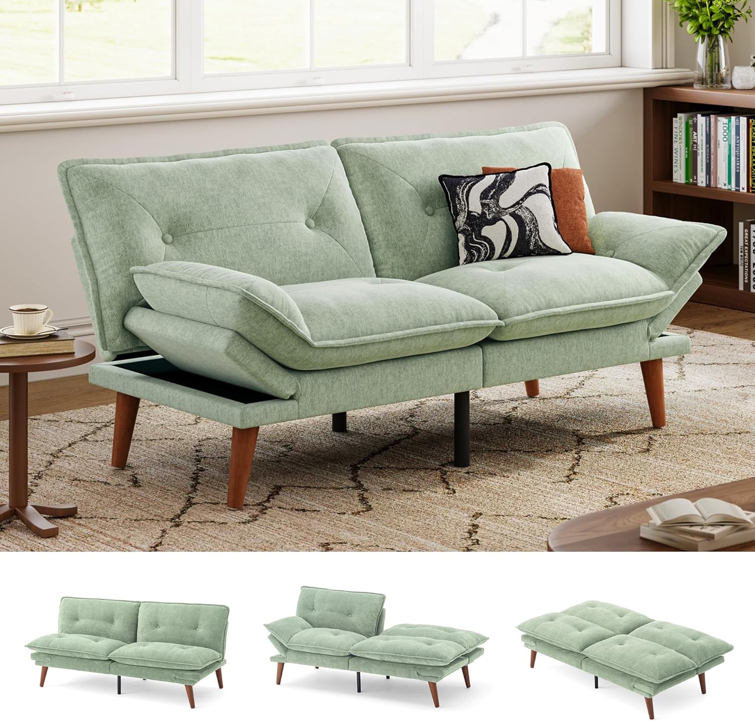 LINSY HOME Futon Sofa Bed, 70" Chenille Futon Couch with Adjustable Backrest Armrest, 3 in 1 Convertible Comfy Loveseat Sleeper Sofa Bed for Small Spaces Dorm Room Apartment Home Office, Light Green