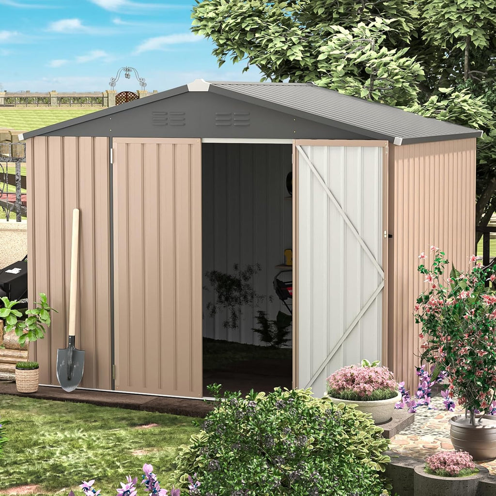 AECOJOY 8' x 6' Metal Storage Shed for Outdoor  Steel Backyard 6x8 Sheds & Outdoor Storage with Lockable Doors  Utility and Tool Storage for Garden  Backyard  Patio  Outside use