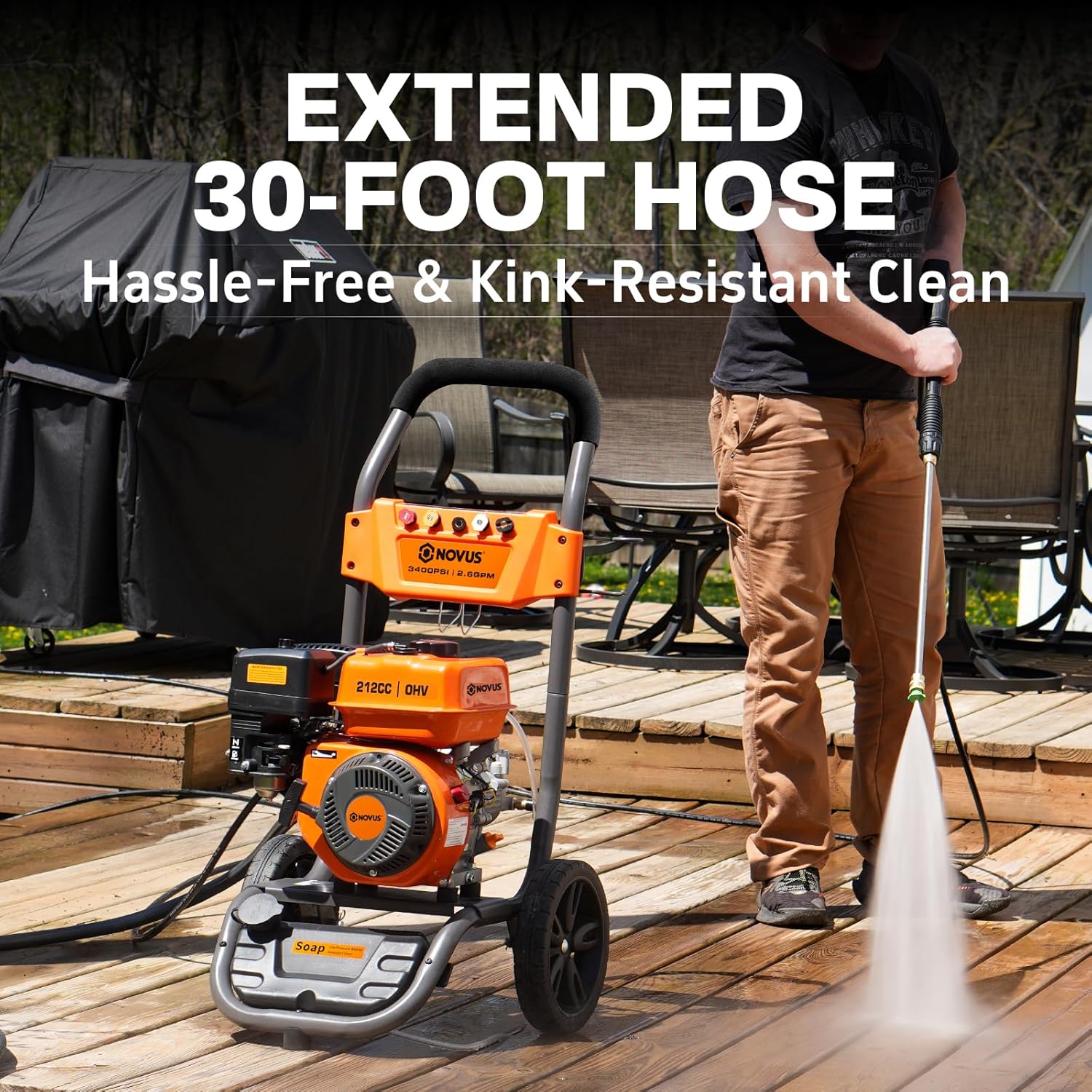 NOVUS Gas Pressure Washer 3400 PSI  2.6 GPM Power Washer with 30FT Extra-Long Hose  5 Nozzles  Onboard Soap Tank  212CC Engine  Spray Gun and Wand  for Vehicles Driveways Patios Fences Furniture