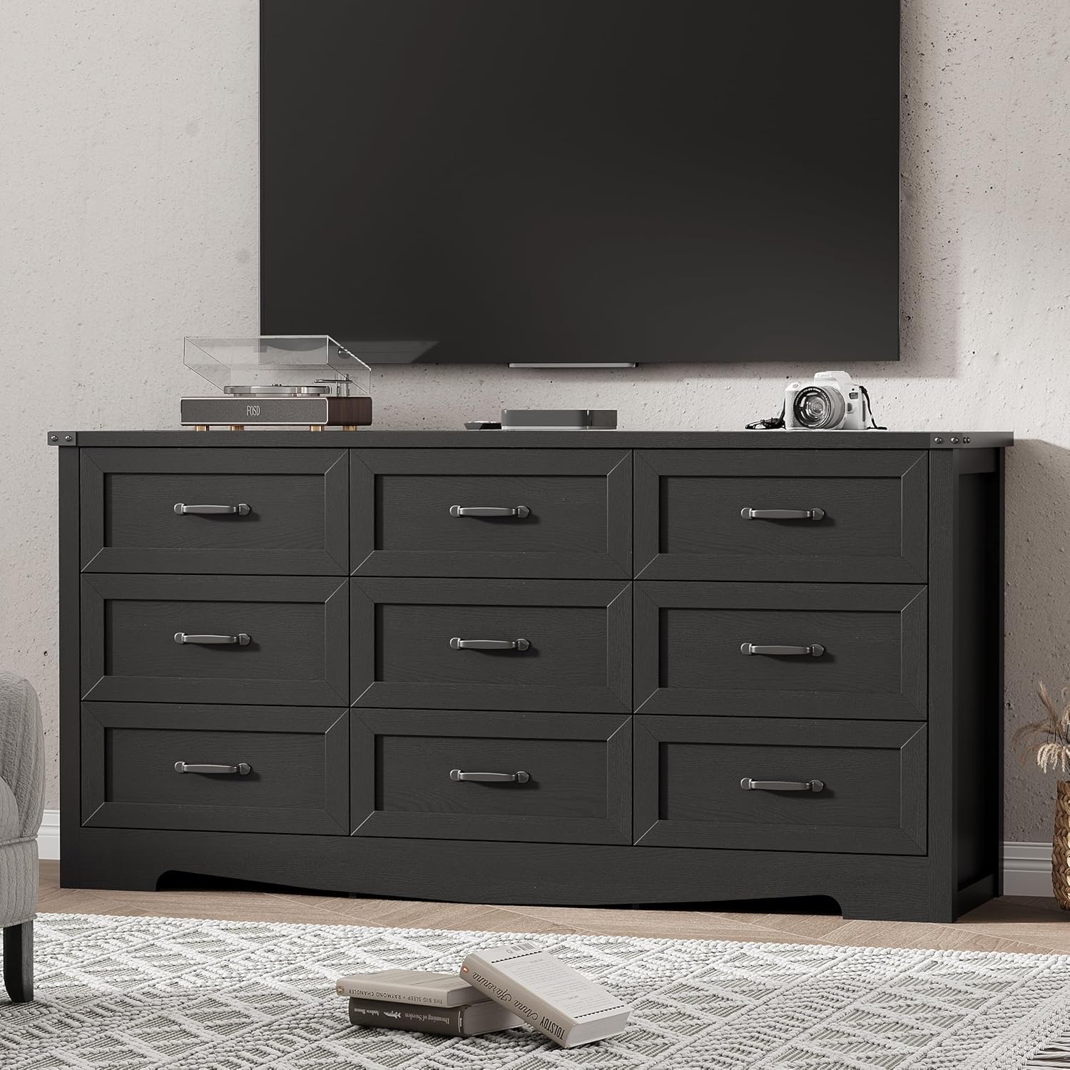 Dresser for Bedroom with 9 Drawers, 59" Wide Modern Chest of Drawers with Deep Drawers & Mental Handle, Wood Dresser TV Stand, Wooden Closet Storage Organizer for Living Room, Hallway, Entryway, Black