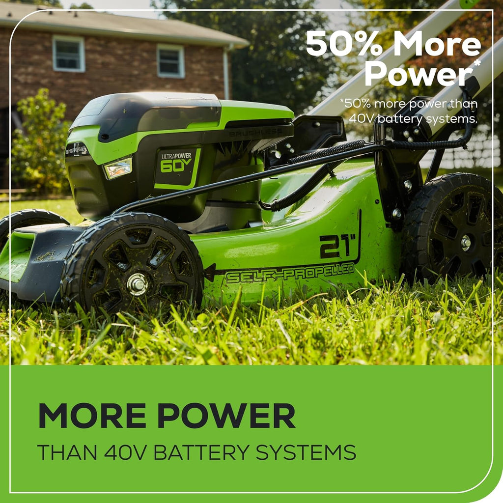 Greenworks 60V 21" Self-Propelled Cordless Lawn Mower  Brushless Motor  LED Lights  Includes 2X 4.0Ah Batteries & Rapid Dual-Port Charger(75+ Tool Compatibility  45Min Runtime)