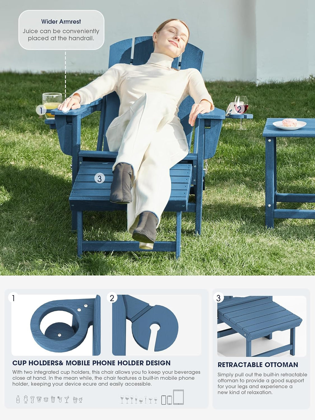 KINGYES Folding Adjustable Adirondack Chair with Retractable Ottoman  HDPE Recliner Adirondack Chair with Cup Holder  Blue