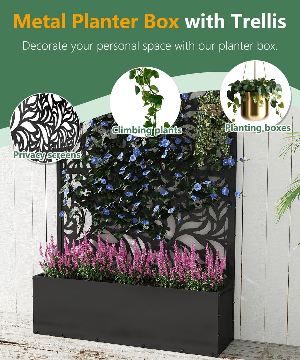 2PCS Metal Planter Box with Trellis 70.9"x47.2"x15.7" Raised Garden Bed with Drainage Holes  Privacy Planters for Outdoor Garden Bed for Climbing Plants Vegetables and Vines  Black-Flower