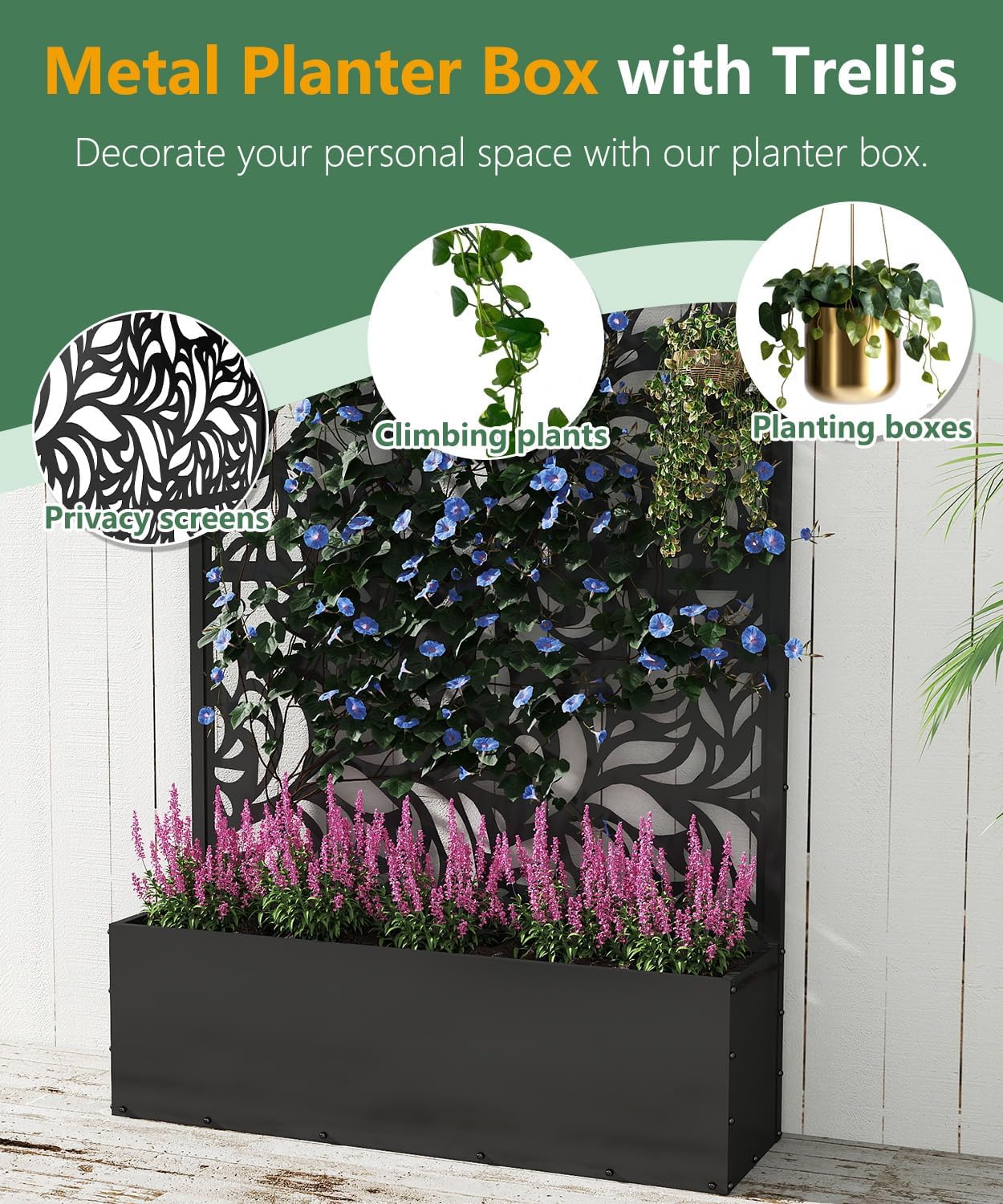 2PCS Metal Planter Box with Trellis 70.9"x47.2"x15.7" Raised Garden Bed with Drainage Holes  Privacy Planters for Outdoor Garden Bed for Climbing Plants Vegetables and Vines  Black-Flower
