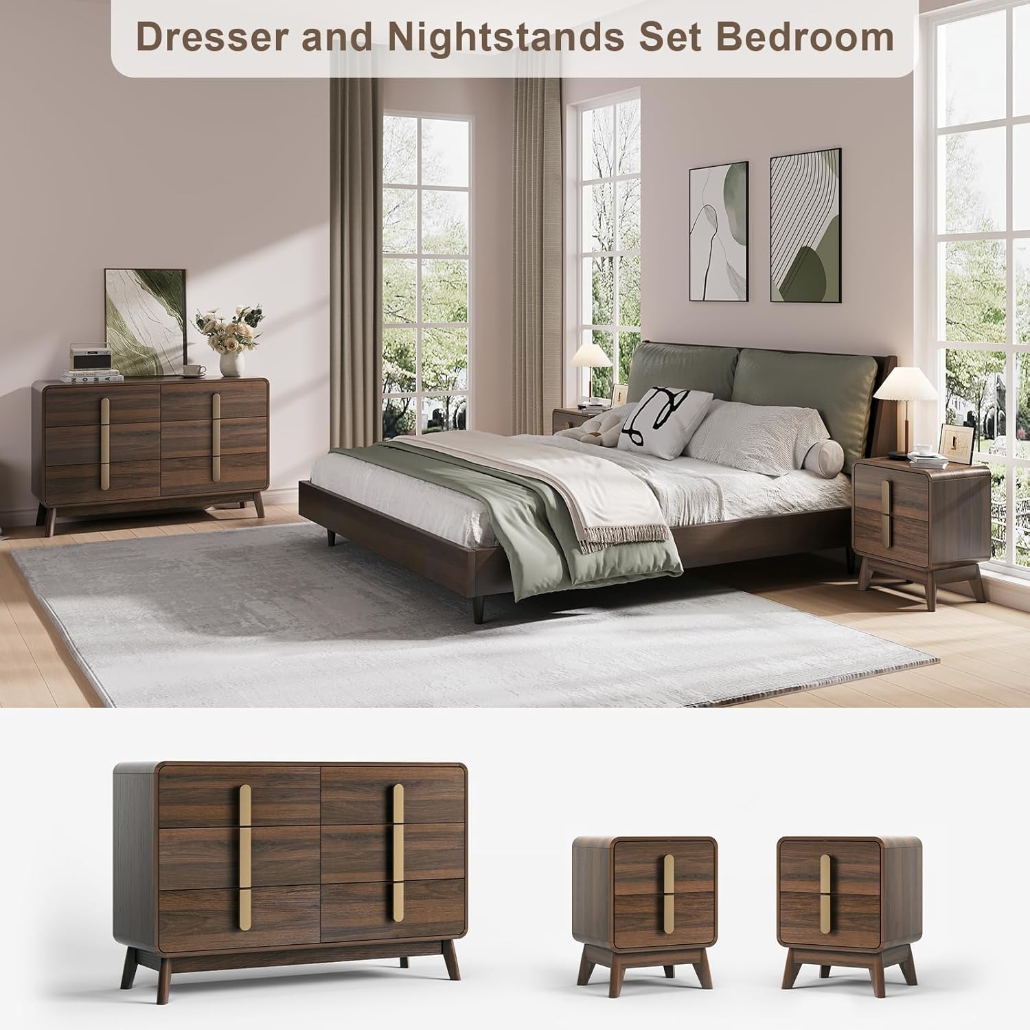 Mid Century Modern Bedroom Set, 6 Drawer Dresser and Nightstand Sets for Bedroom, Night Stand Set 2 & 6 Drawer Dresser with Gold Handles, Wood Chest of Drawers Storage Cabinet Set, Walnut
