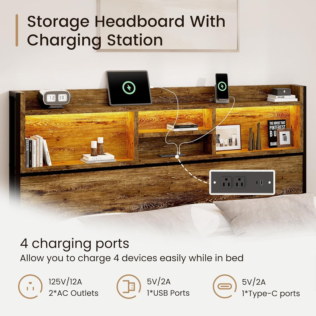 King Storage Bed Frame with 6 Drawers, USB Charging Station, No Noise, No Box Spring Required, Vintage Brown Headboard Platform Bed