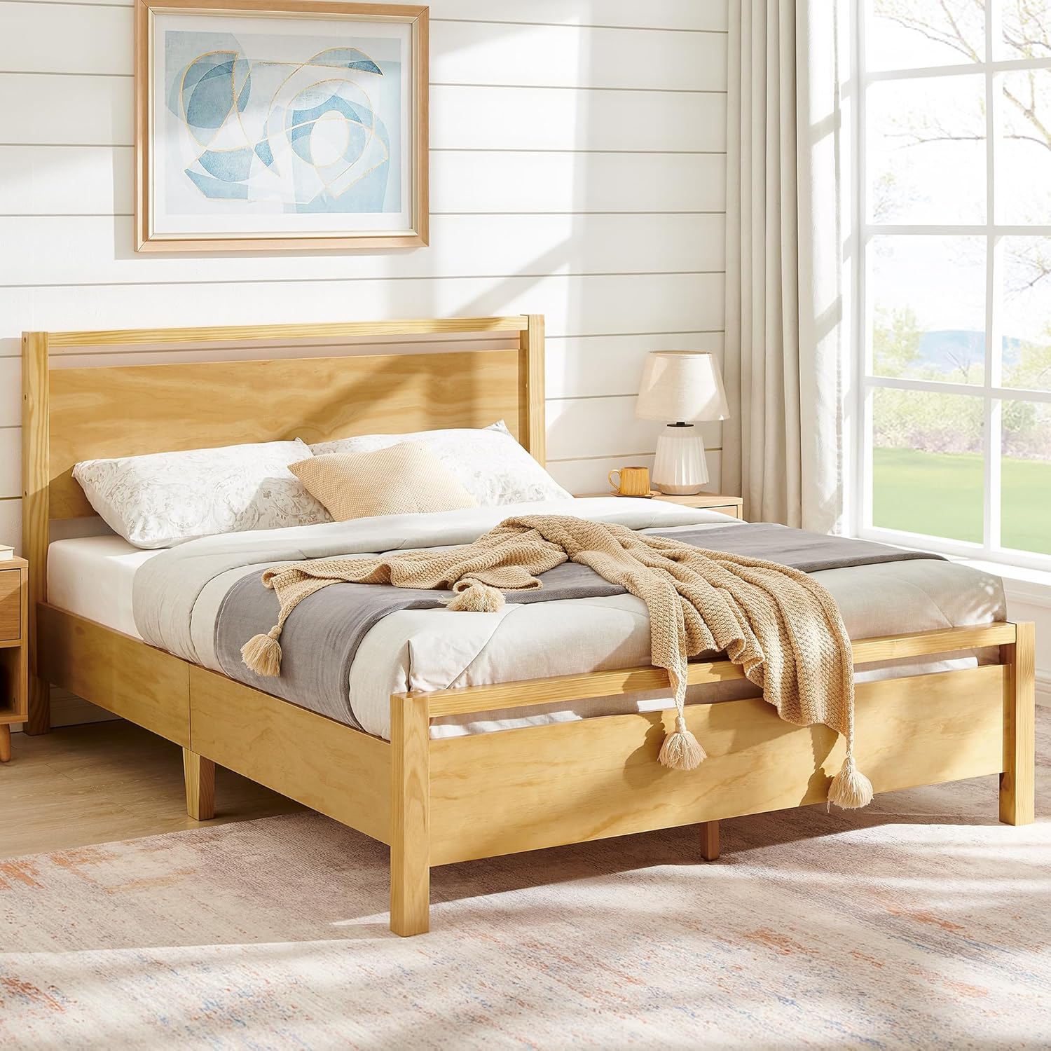 AMERLIFE Full Size Solid Wood Bed Frame with Headboard, Minimalist Platform Bed with Wood Slats Support/No Box Spring Needed/Easy Assembly/Noise-Free, Natural