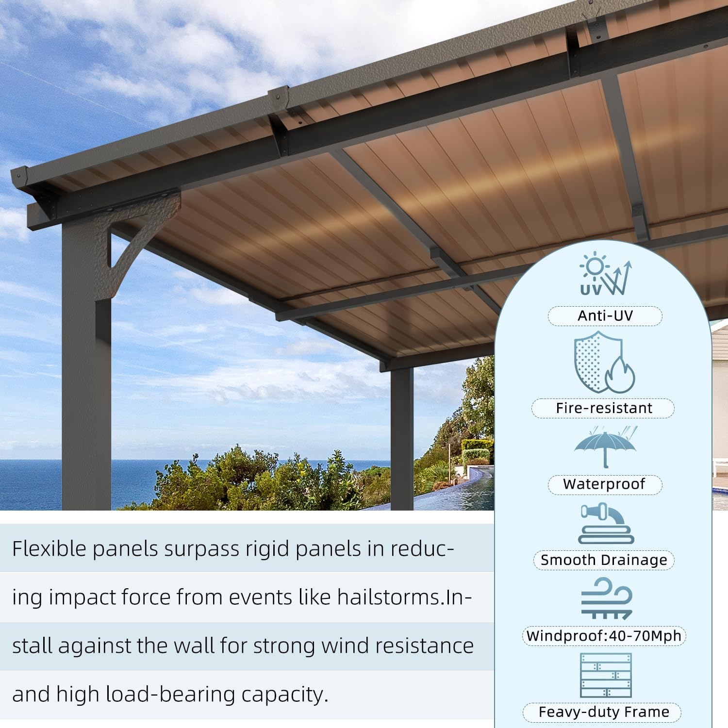 AECOJOY 14' x 10' Gazebo for Patio  Hard Top Lean to Gazebo Pergola with Roof (140 Sq.Ft Shaded)  Large Wall-Mounted Heavy Duty Awnings for Patio  Decks  Backyard and More