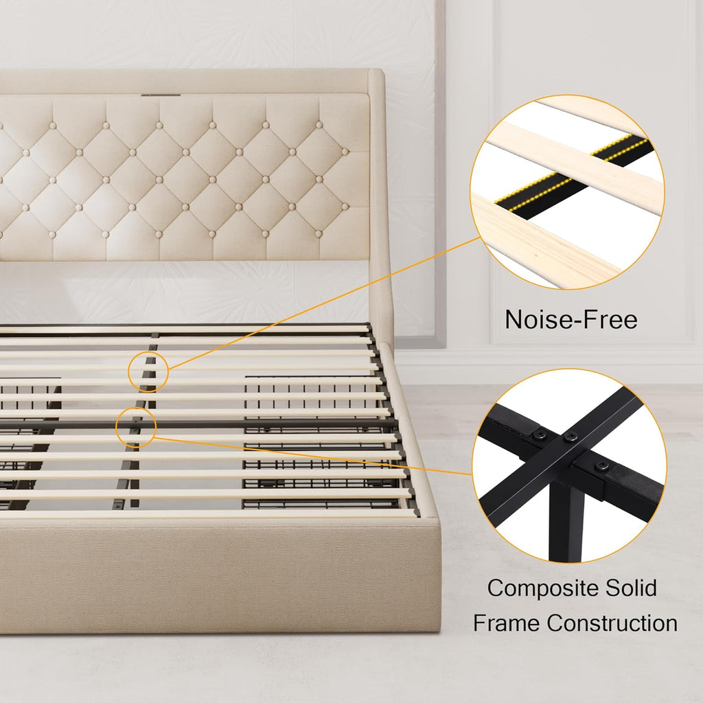 Upholstered King Size Bed Frame with 4 Storage Drawers, Modern Platform Bed with Wingback Headboard, Charging Station, No Box Spring Needed, Beige