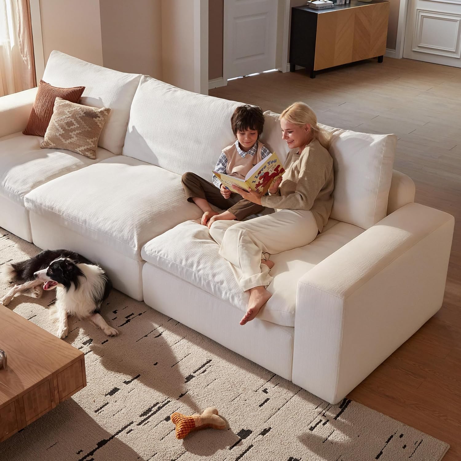 Cloud Couch Sectional 113.8'' Oversized Modular Deep Seat Sofa L Shaped Comfy White Cloud Couch with Washable Cover for Living Room 3 Seater with 1 Ottoman