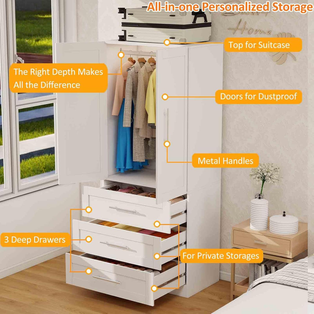 Armoire Wardrobe Closet with 6 Deep Drawers and Doors 71" Clothing Storage Cabinet with Hanging Rod Wooden Wardrobe Cabinet for Bedroom, Large Capacity Storage White, 2 Sets
