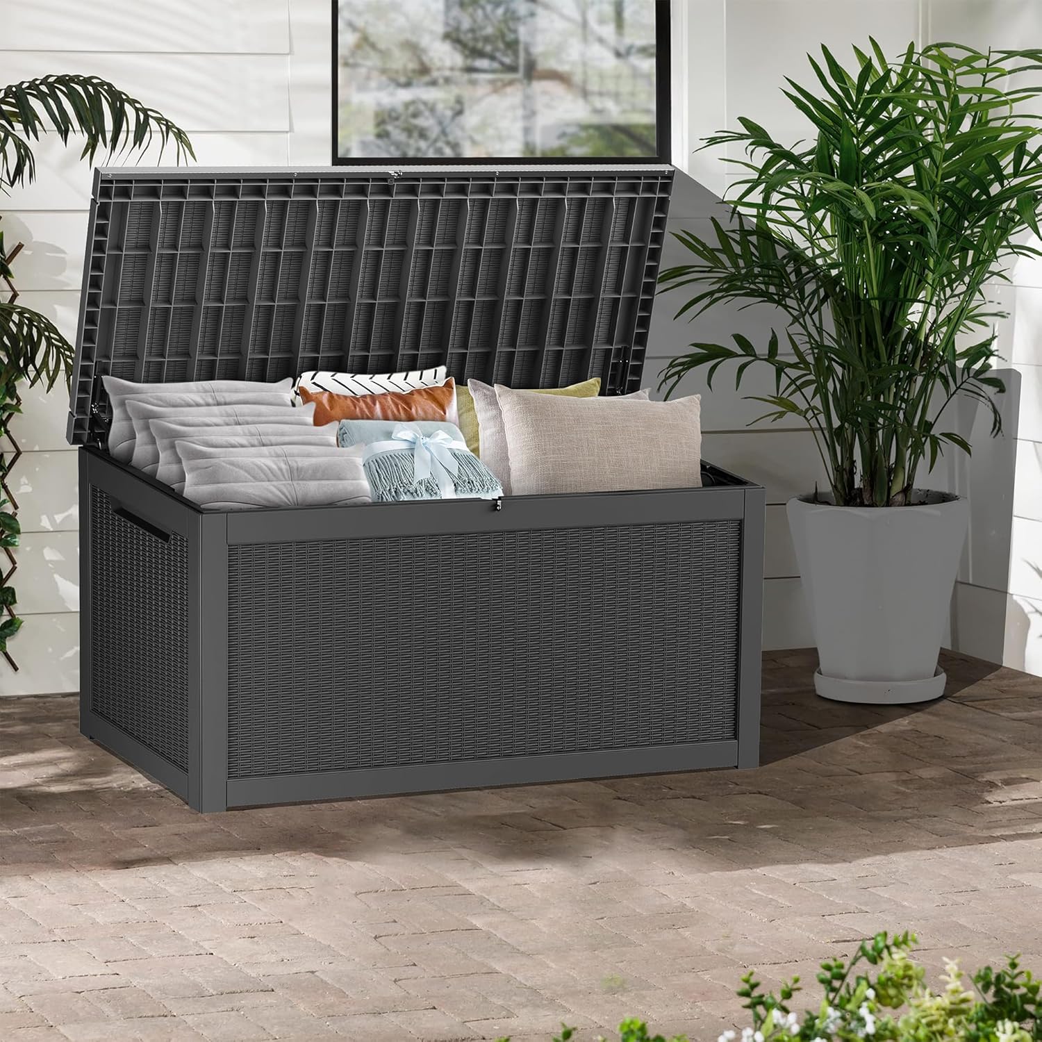 TARKARI 320 Gallon Lockable Resin Deck Box  Waterproof & UV-Resistant Outdoor Storage Box for Outdoor Cushion Storage  Garden Tools & Pool Accessories Storage  Black
