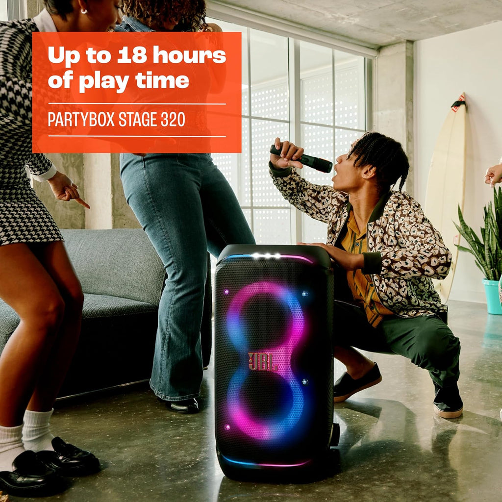 JBL PartyBox Stage 320 - Portable Party Speaker with Telescopic Handle & Wide  Sturdy Wheels  Powerful JBL Pro Sound  Futuristic lightshow  Up to 18 Hours of Play time  Splash Proof (White)