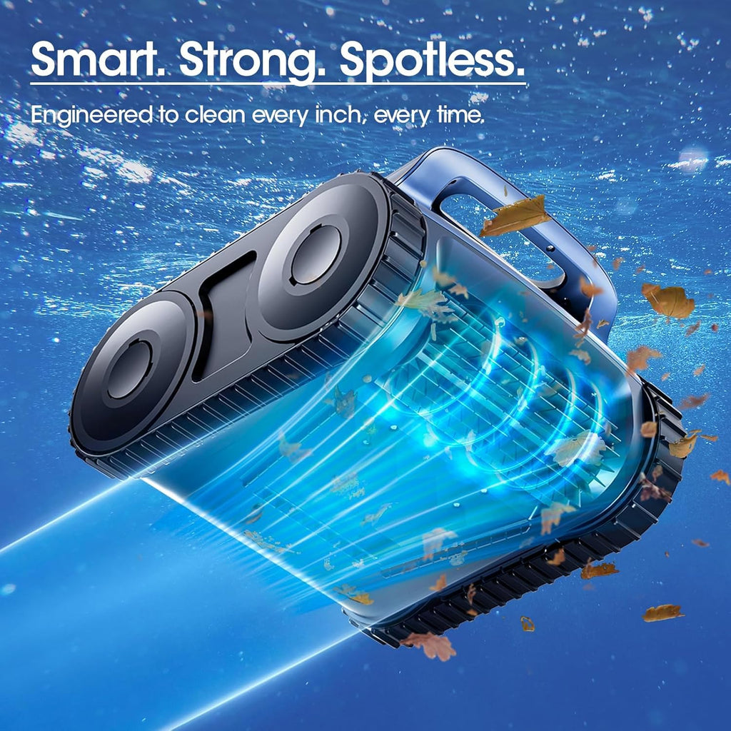 Cordless Robotic Pool Vacuum  Pool Cleaner with Track Drive & Sonar Navigation  180W Brushless Motor  Wall & Waterline Climbing  150-Min Runtime  for Inground Above-Ground 2150 Sq. Ft. (Dark Blue)