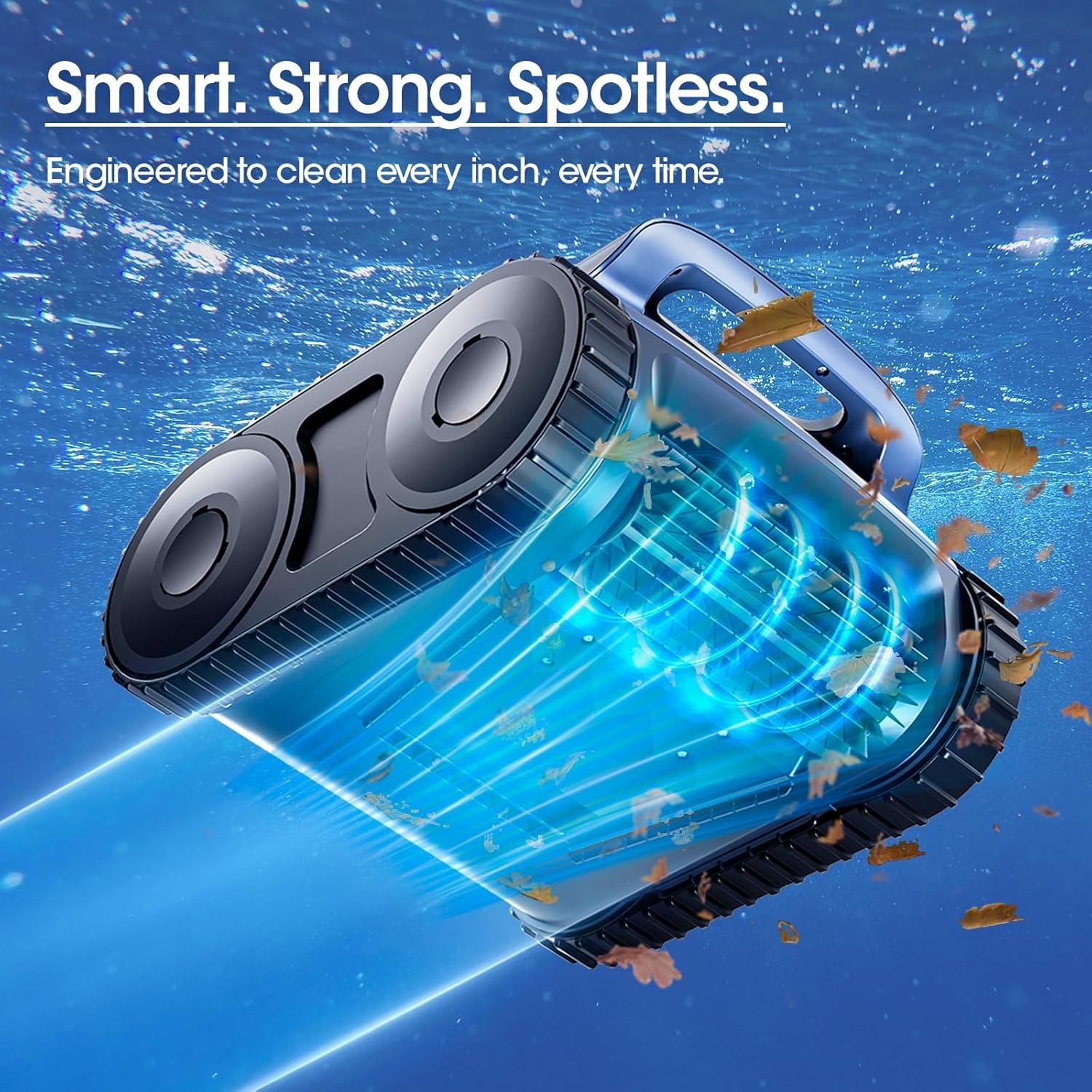 Cordless Robotic Pool Vacuum  Pool Cleaner with Track Drive & Sonar Navigation  180W Brushless Motor  Wall & Waterline Climbing  150-Min Runtime  for Inground Above-Ground 2150 Sq. Ft. (Dark Blue)