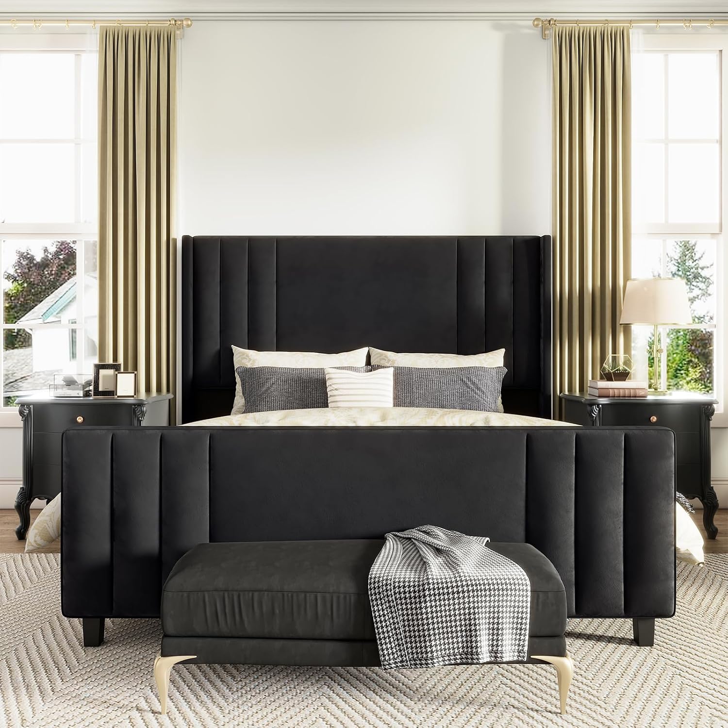 AMERLIFE Queen Size Bed Frame, Velvet Upholstered Platform Bed with Vertical Channel Tufted Headboard & Footboard/Wingback, Mattress Foundation with Wood Slats, No Box Spring Needed, Black