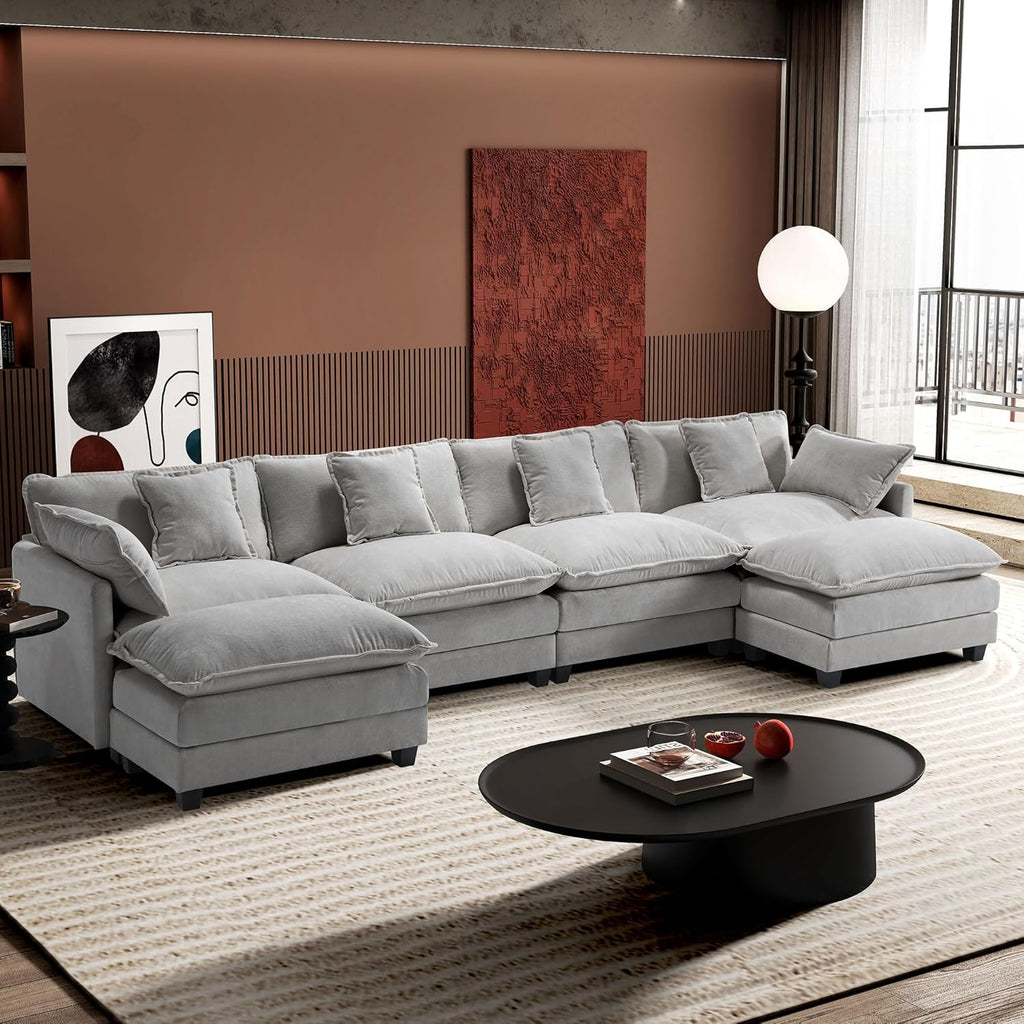 Ihanherry 146" U-Shaped Modern Sofa Modular Sectional Cloud Couch with 2 Ottoman, 6-Seat Chenille Deep Seat Sofa with 6 Pillows for Living Room, Bedroom and Apartment, Grey