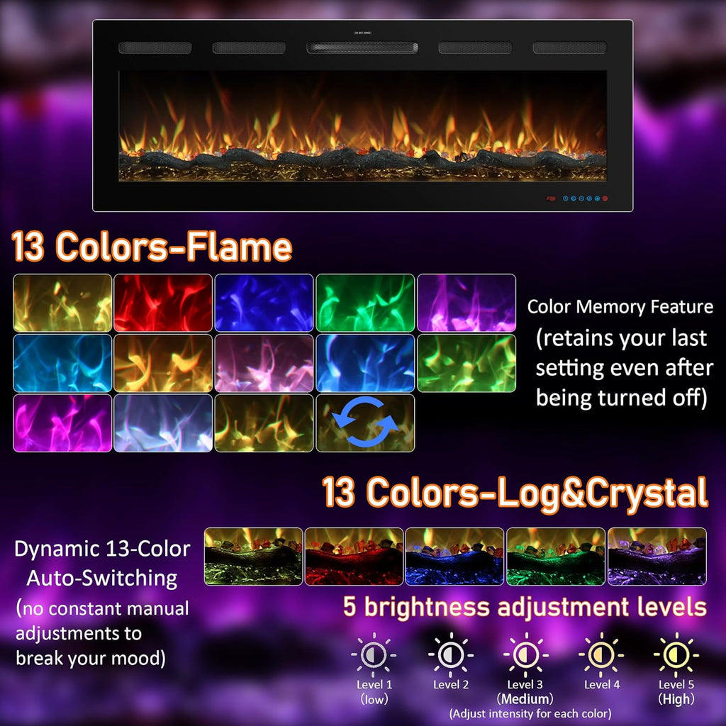 50 Inch WiFi Electric Fireplace Heater with Sound, Wall Mounted, Recessed or Free‑Standing, 750/1500W, 13 Flame & Fuel Bed Colors, Dimmable, Remote & App Control, Alexa & Google Home